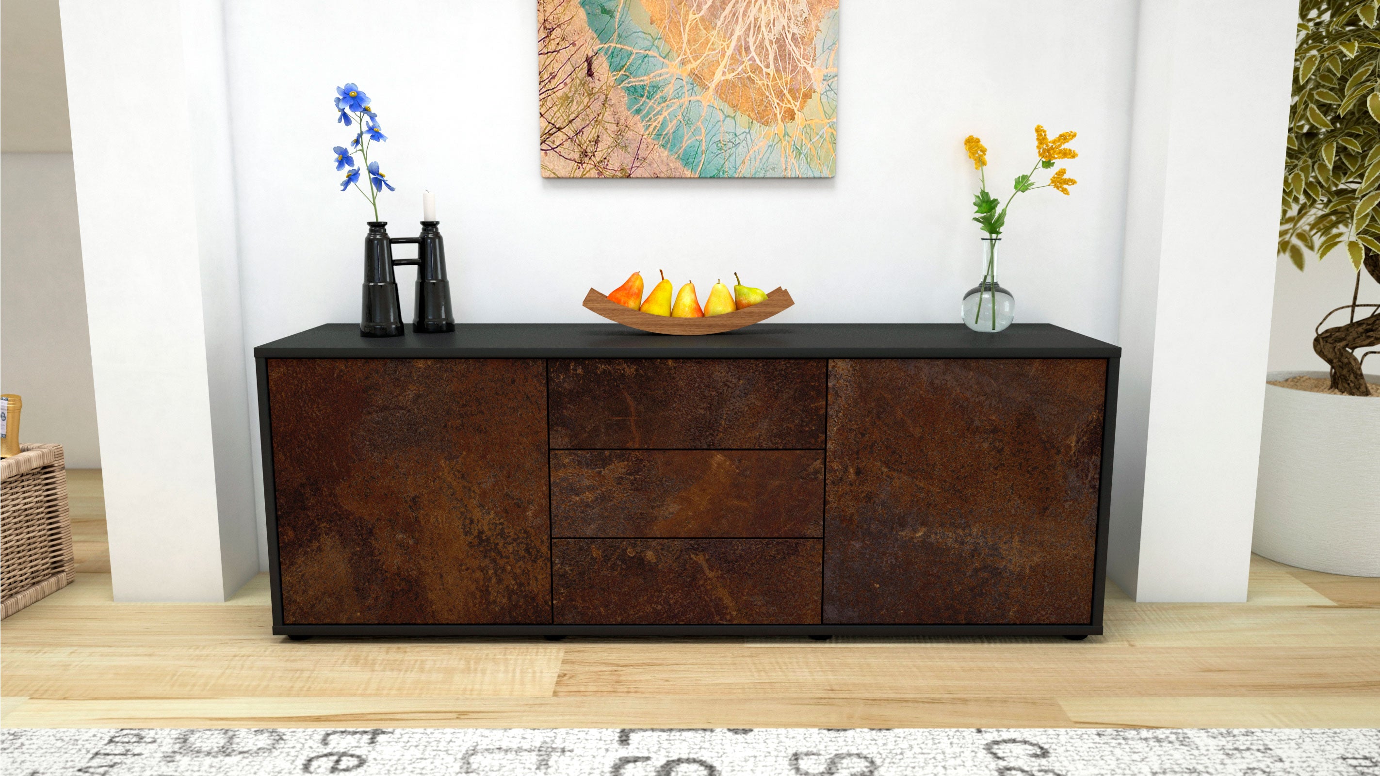 Lowboard - Ameline - Design Industrie Stil - Freistehend mit Push to Open 136 cm Anthrazit