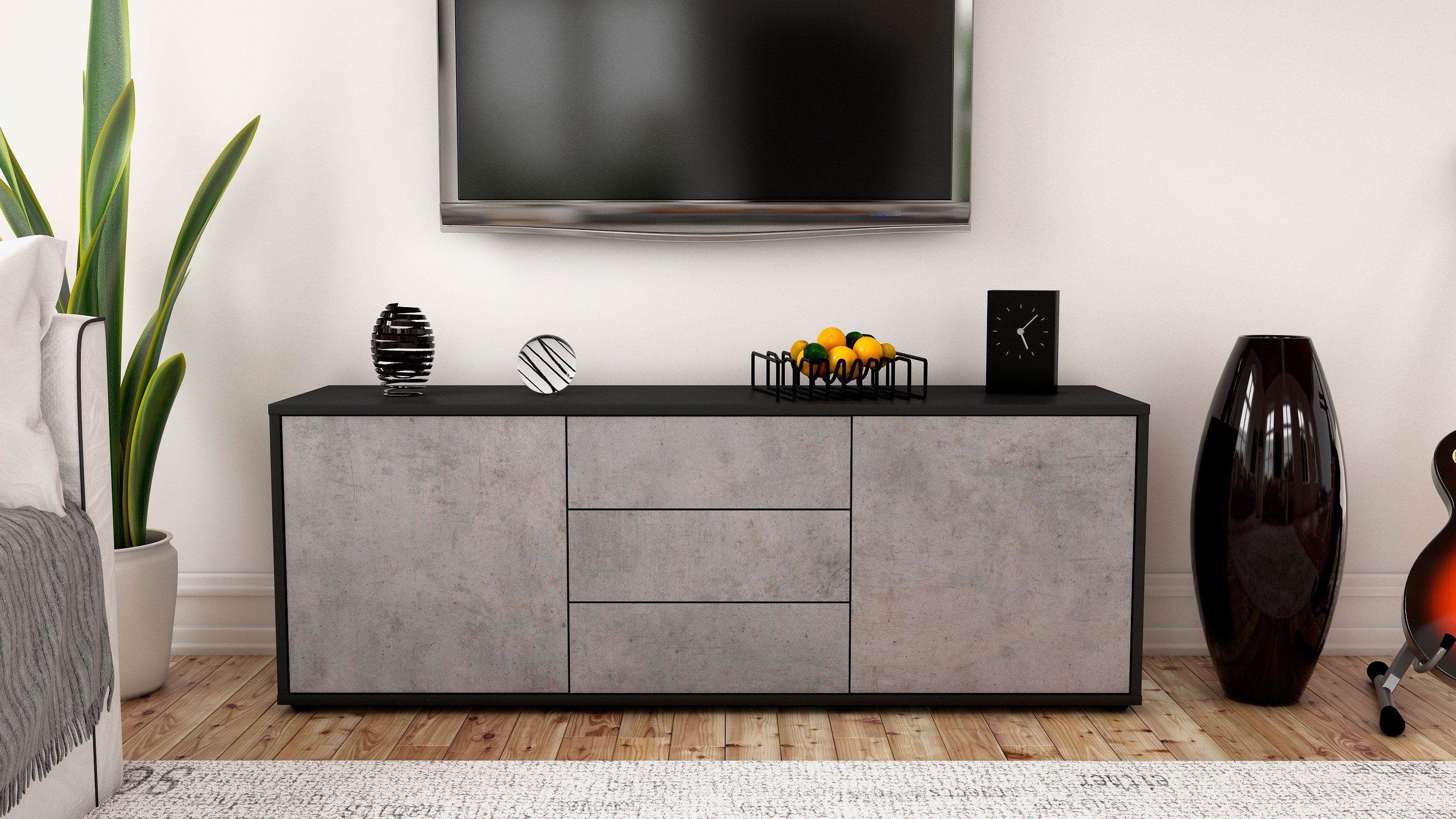 Lowboard - Ameline - Design Industrie Stil - Freistehend mit Push to Open 136 cm Anthrazit