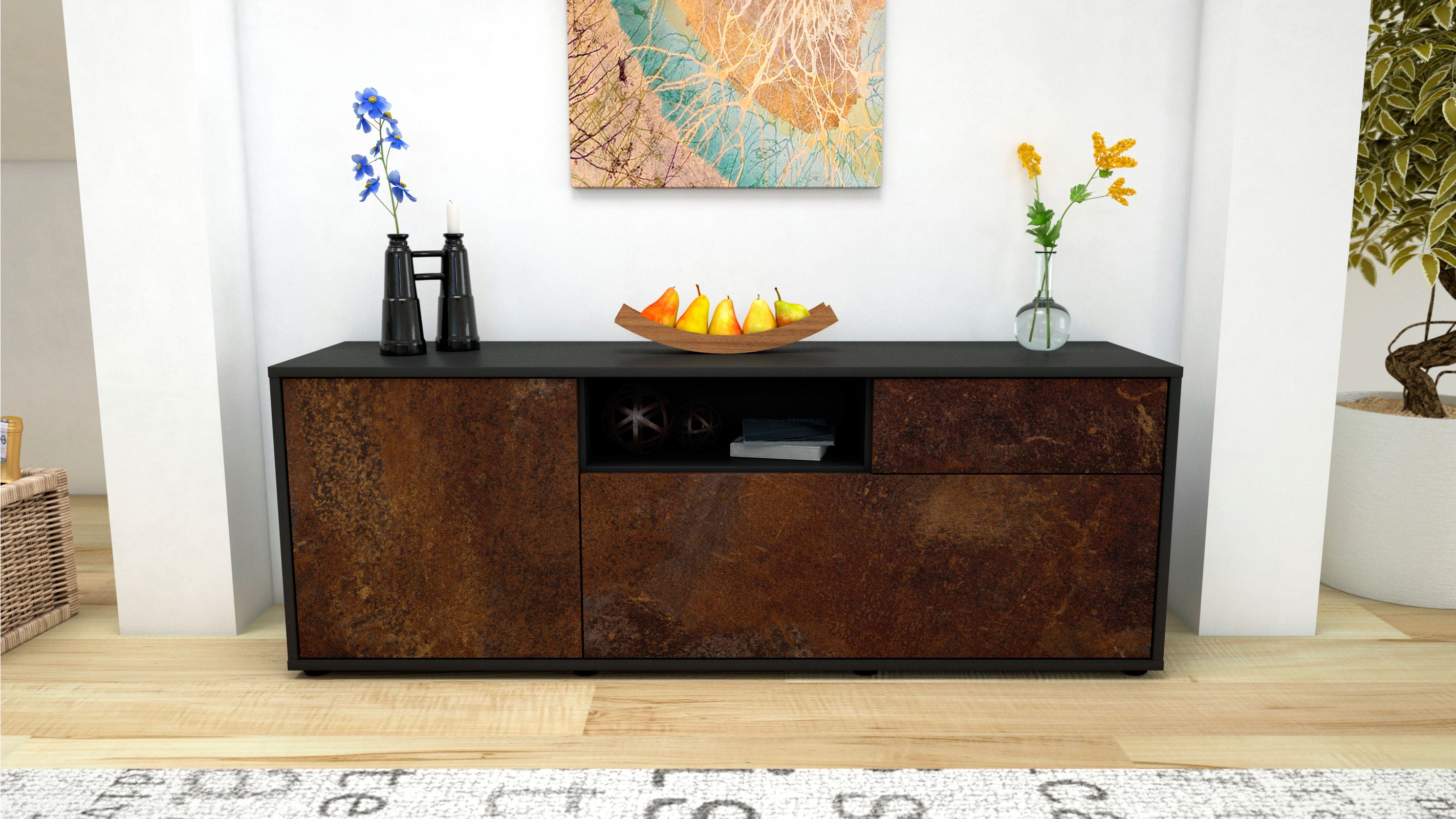 Lowboard - Amila - Design Industrie Stil - Freistehend mit Push to Open 136 cm Anthrazit