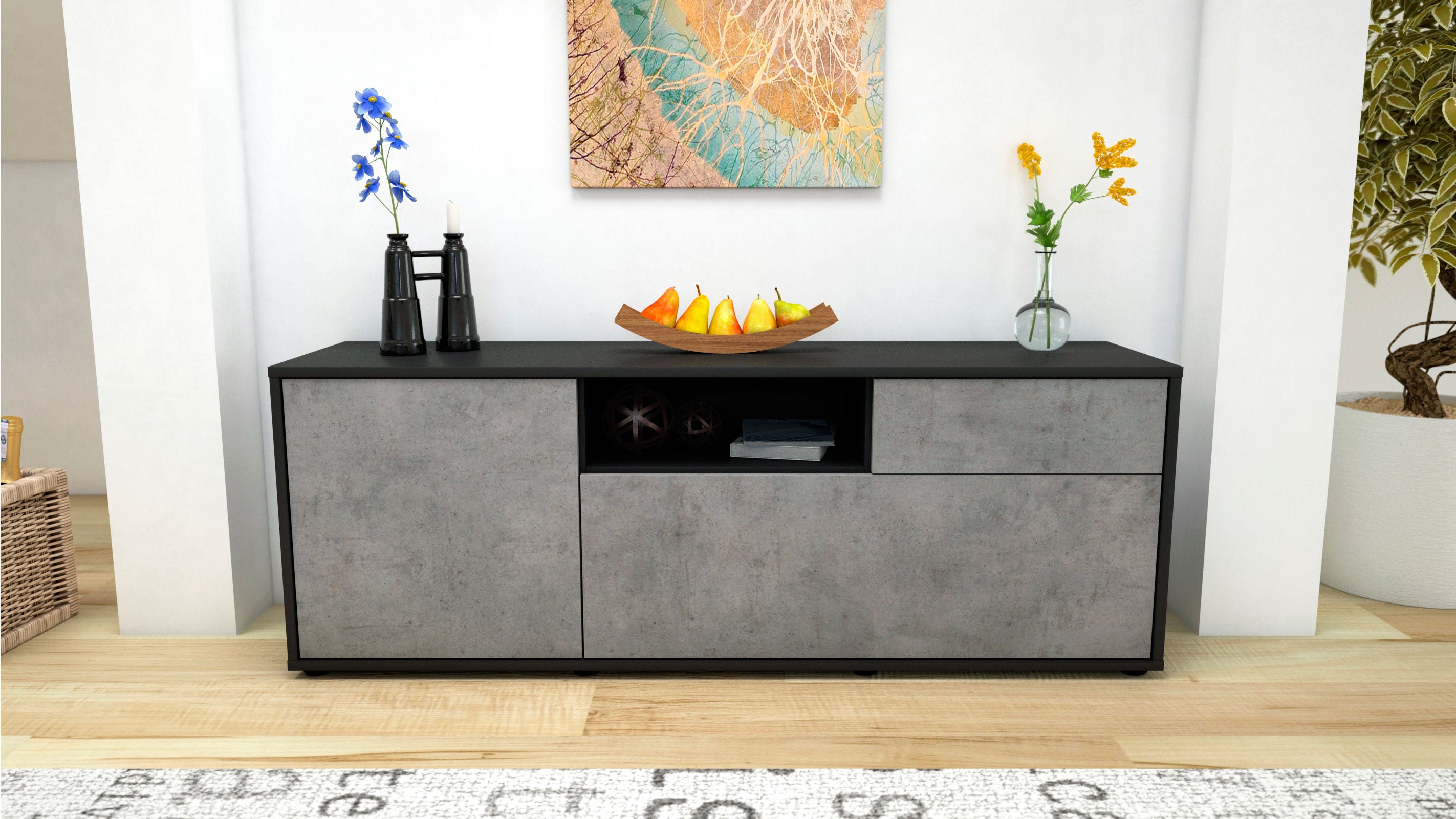 Lowboard - Amila - Design Industrie Stil - Freistehend mit Push to Open 136 cm Anthrazit