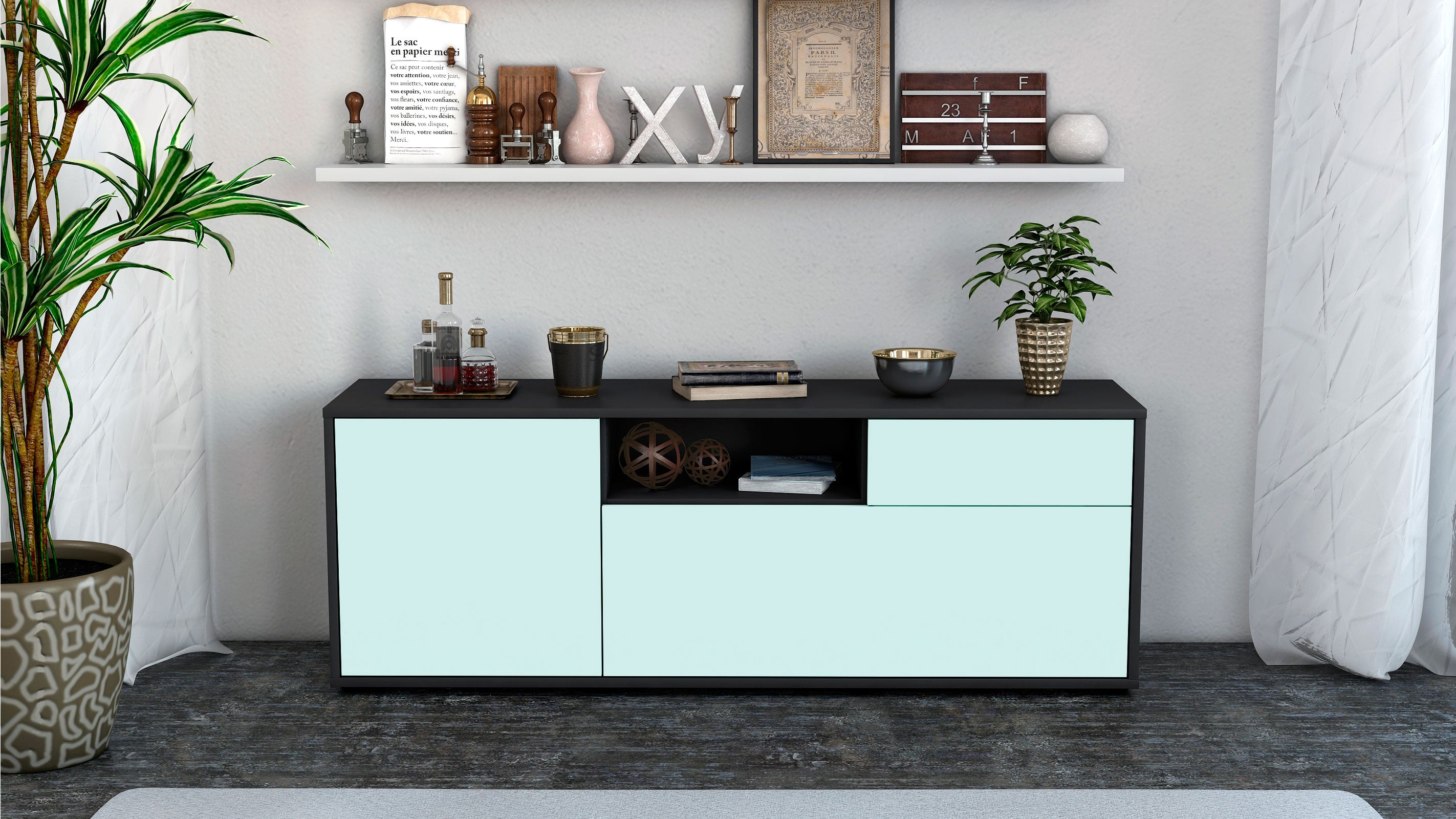 Lowboard - Amila - Design Farbakzent - Freistehend mit Push to Open 136 cm Anthrazit