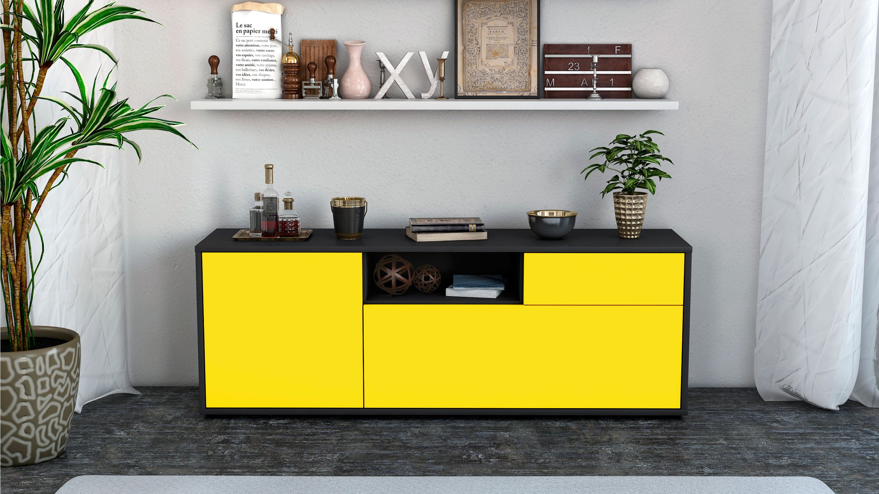 Lowboard - Amila - Design Farbakzent - Freistehend mit Push to Open 136 cm Anthrazit