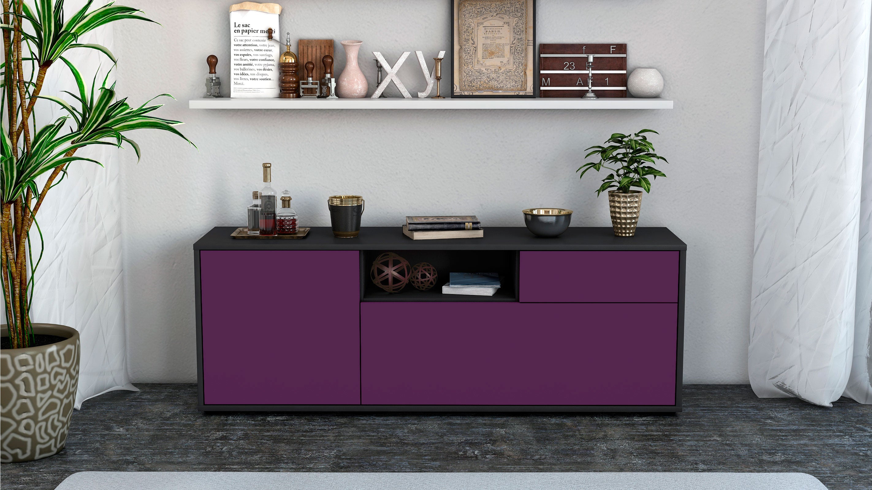 Lowboard - Amila - Design Farbakzent - Freistehend mit Push to Open 136 cm Anthrazit