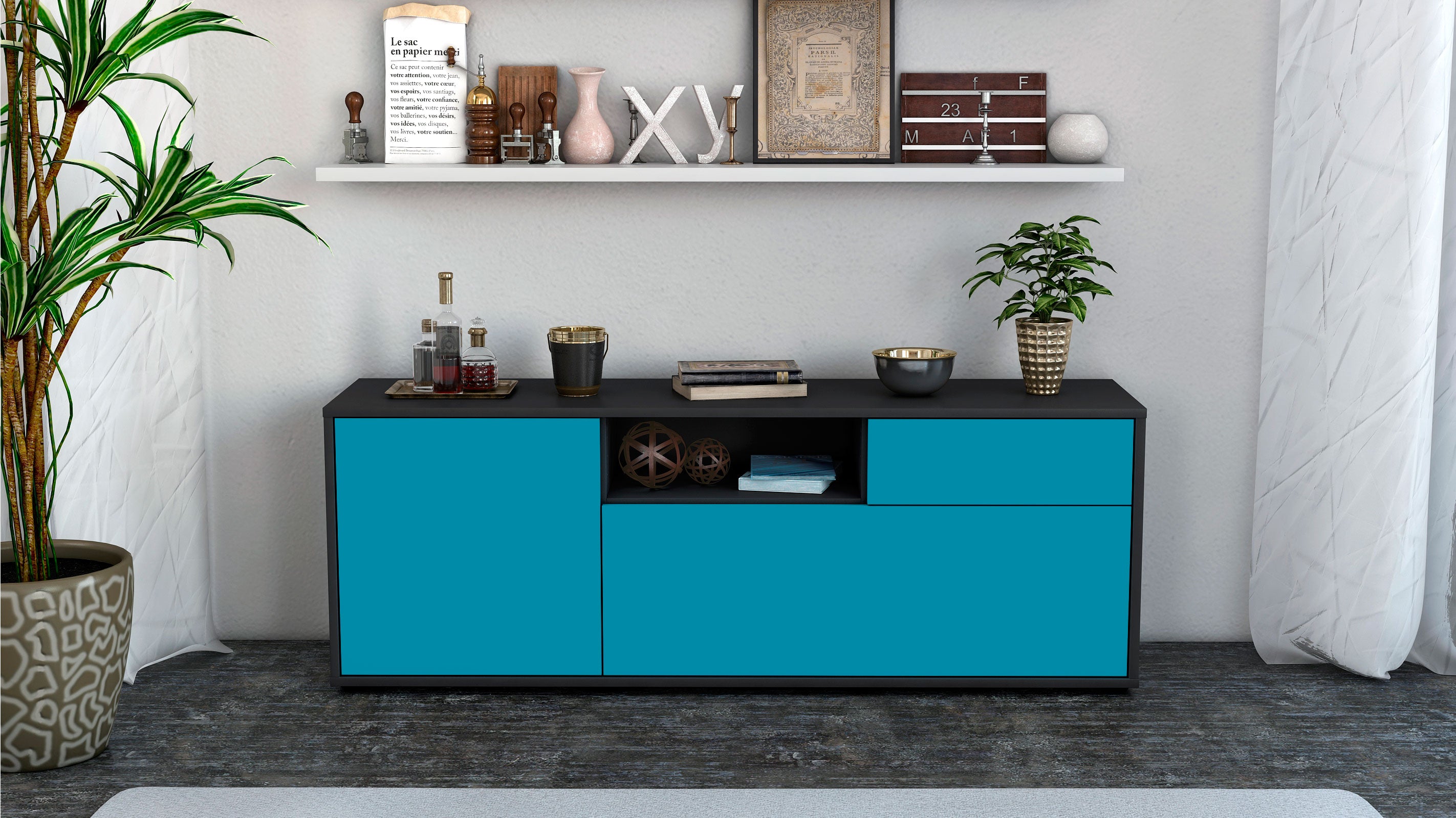 Lowboard - Amila - Design Farbakzent - Freistehend mit Push to Open 136 cm Anthrazit