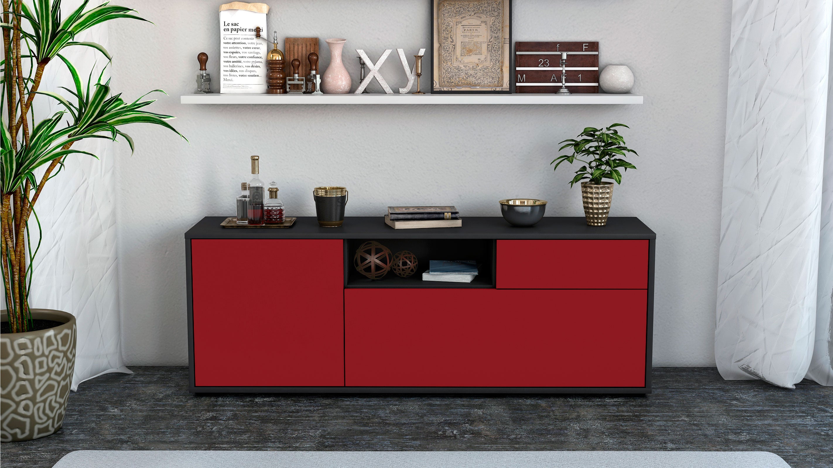 Lowboard - Amila - Design Farbakzent - Freistehend mit Push to Open 136 cm Anthrazit