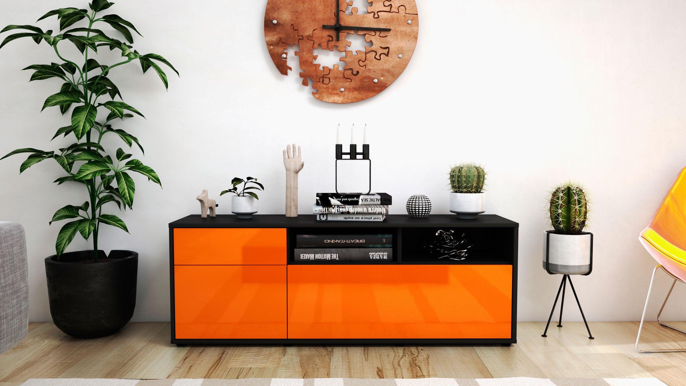 Lowboard - Amisa - Design Hochglanz - Freistehend mit Push to Open 136 cm Anthrazit