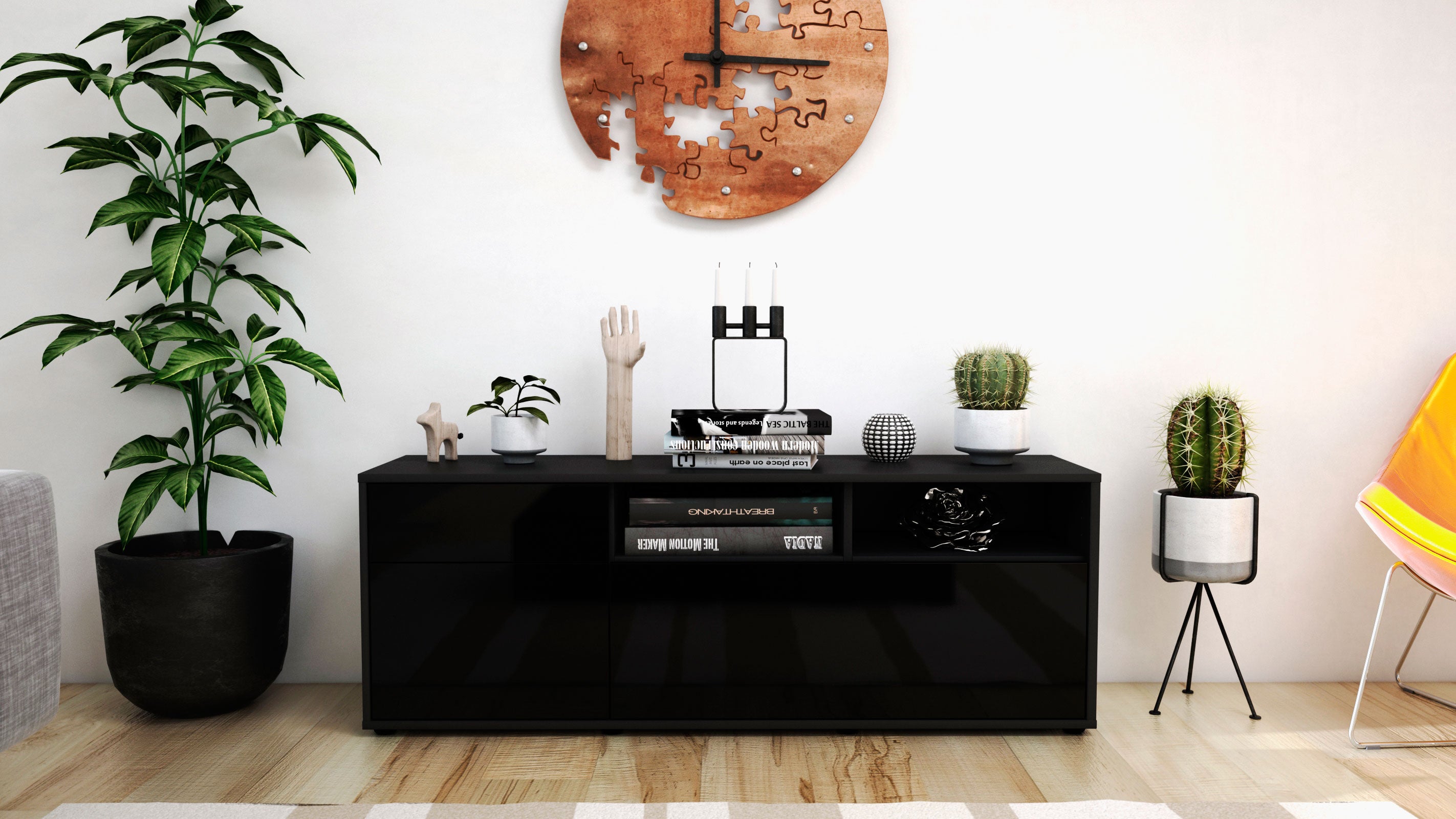 Lowboard - Amisa - Design Hochglanz - Freistehend mit Push to Open 136 cm Anthrazit