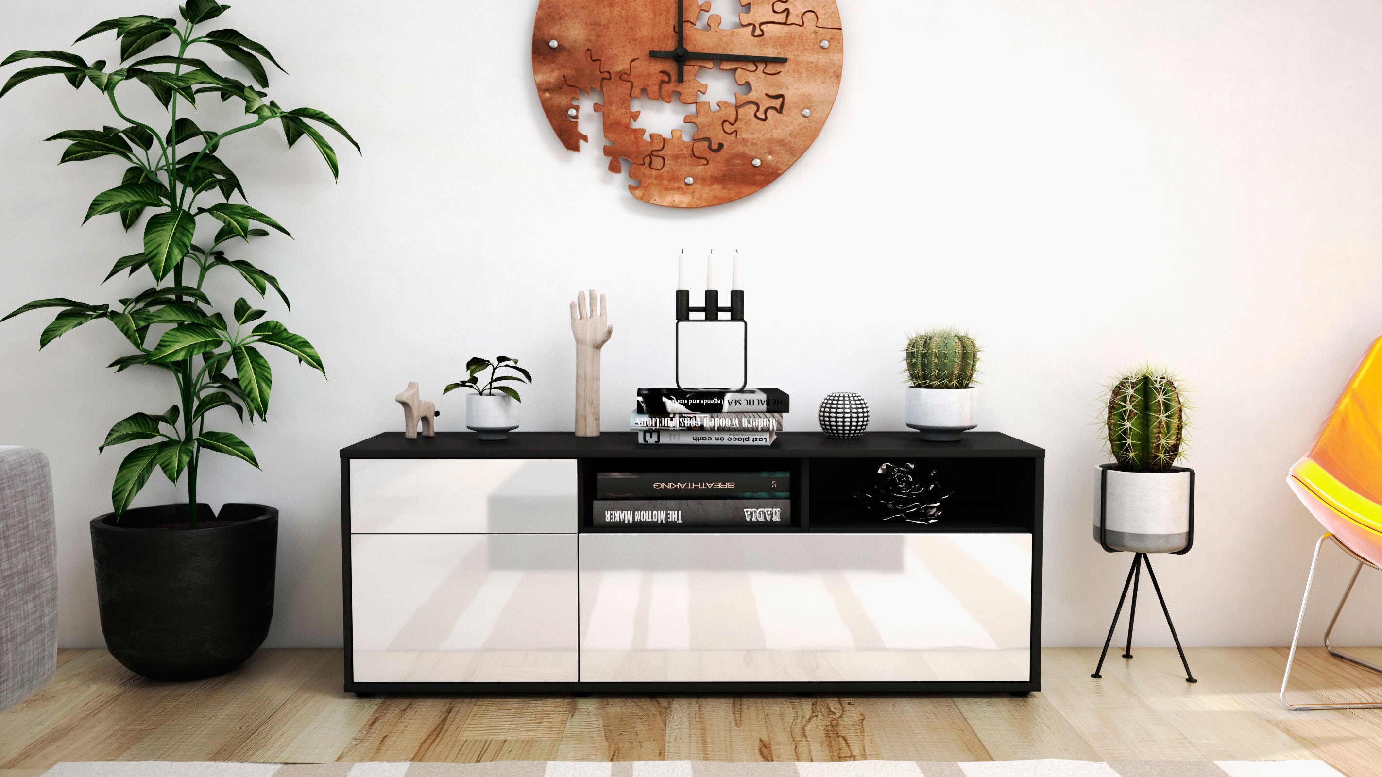 Lowboard - Amisa - Design Hochglanz - Freistehend mit Push to Open 136 cm Anthrazit
