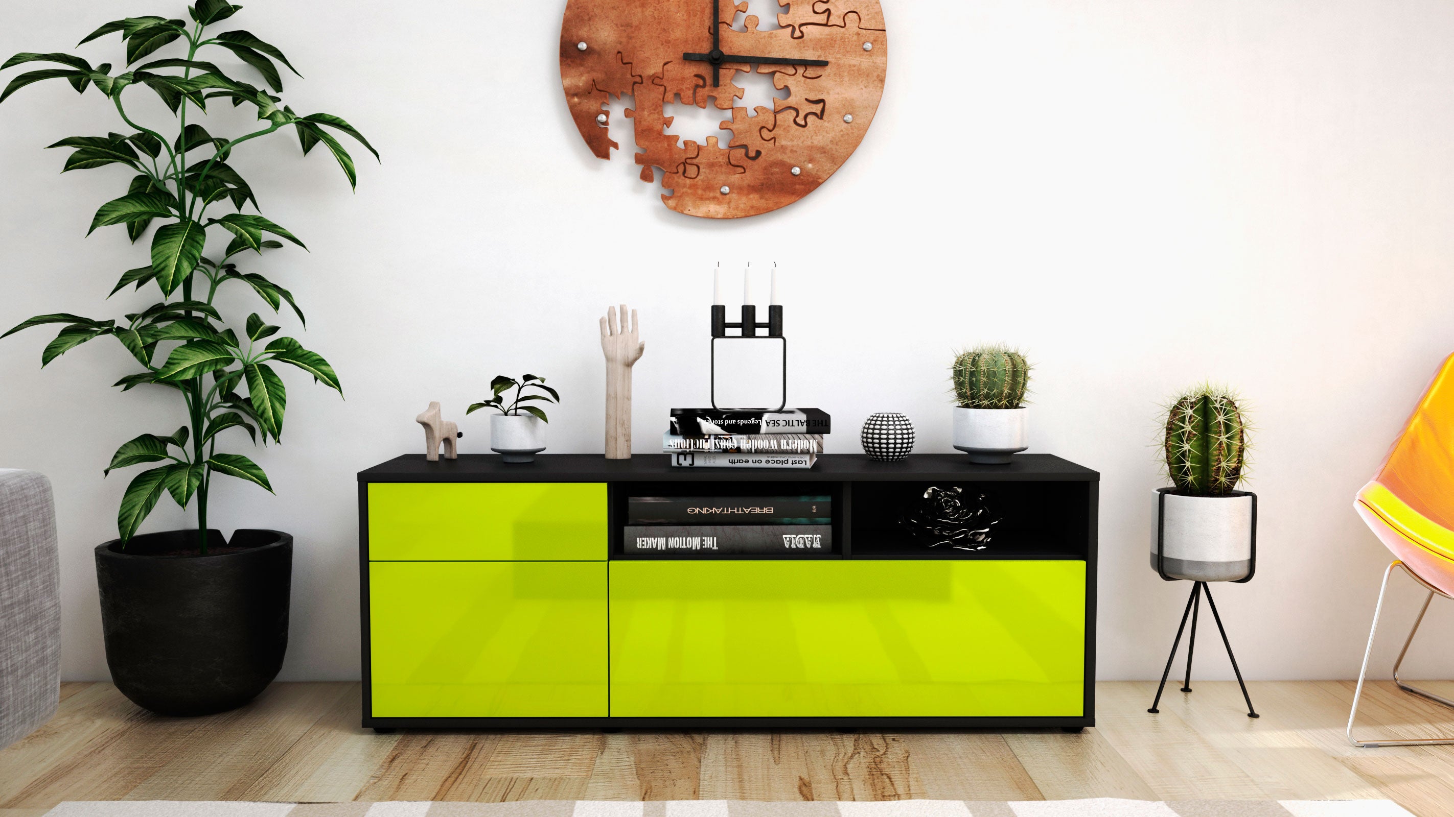 Lowboard - Amisa - Design Hochglanz - Freistehend mit Push to Open 136 cm Anthrazit