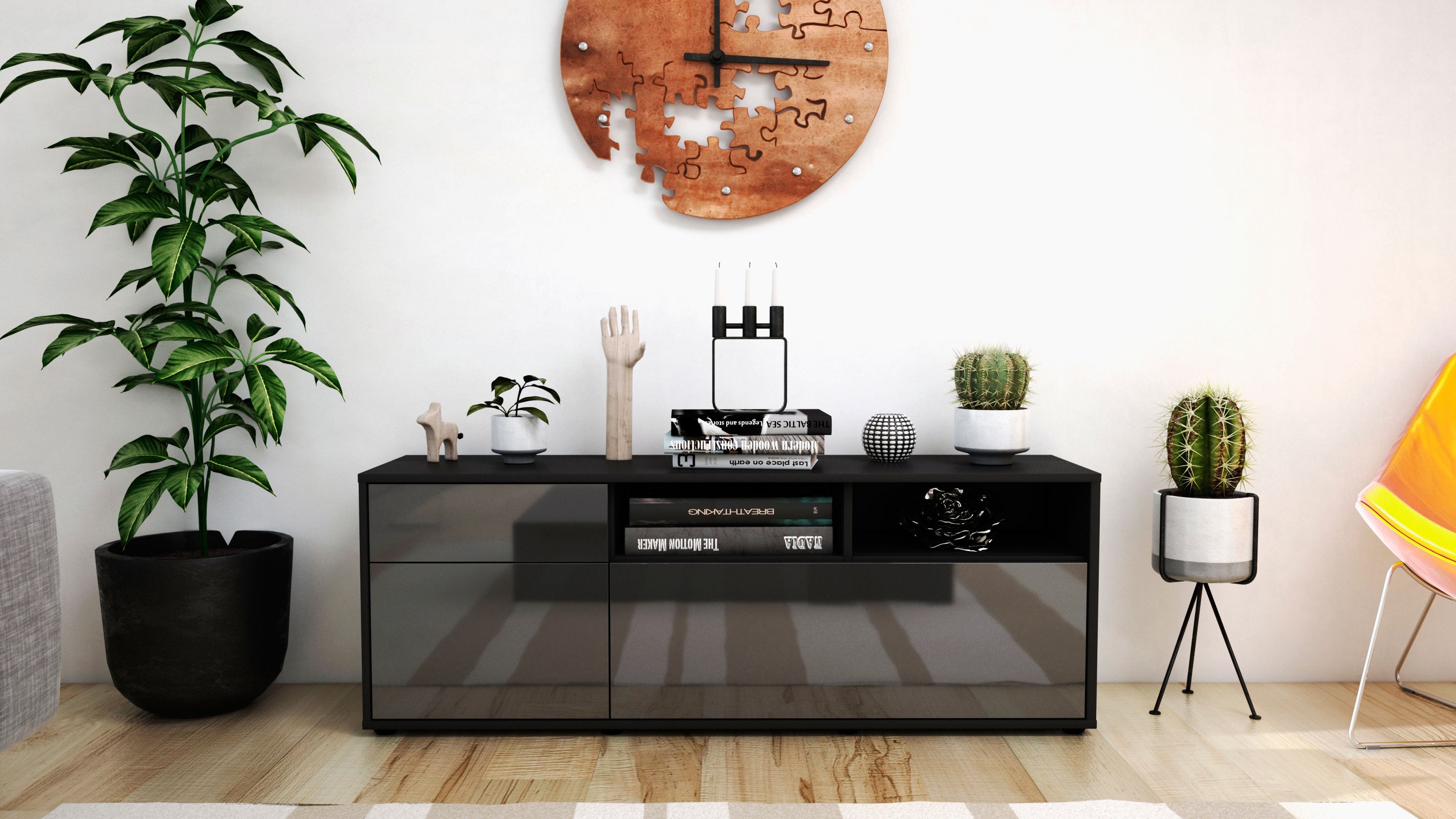 Lowboard - Amisa - Design Hochglanz - Freistehend mit Push to Open 136 cm Anthrazit