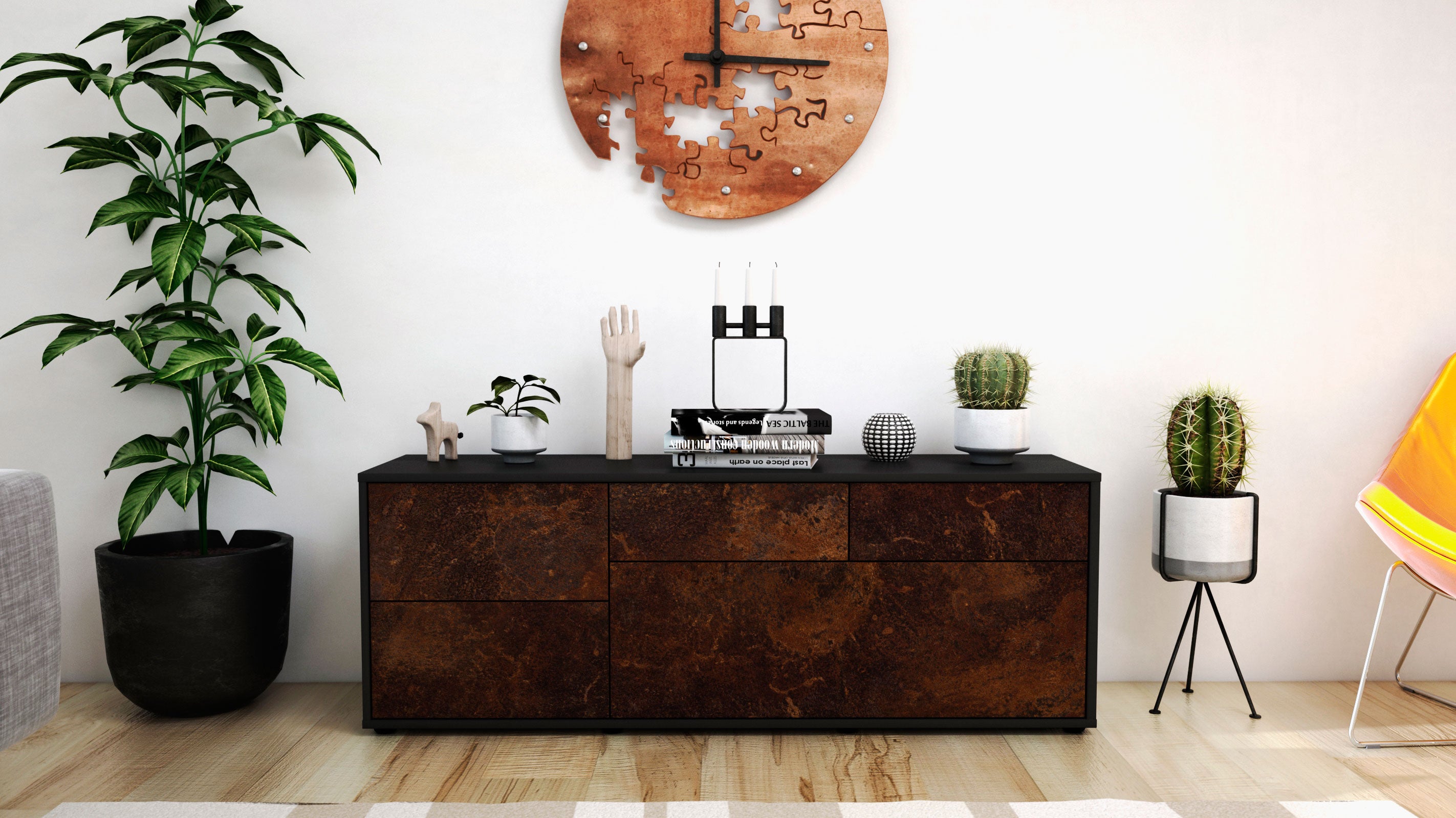 Lowboard - Anais - Design Industrie Stil - Freistehend mit Push to Open 136 cm Anthrazit