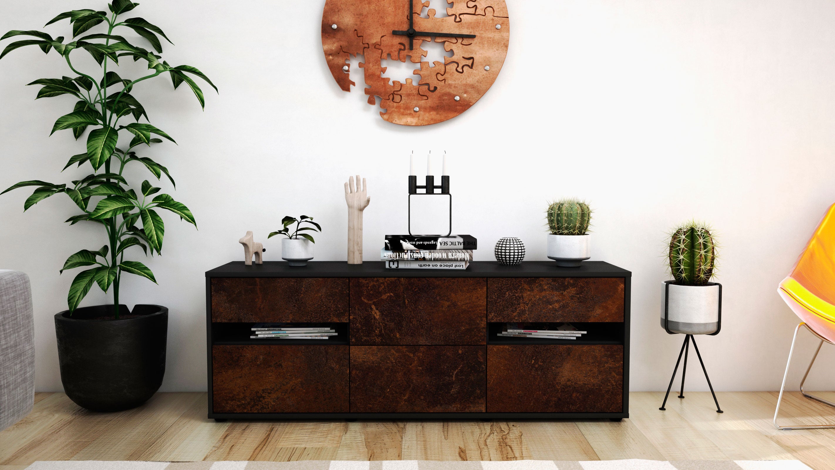 Lowboard - Andrea - Design Industrie Stil - Freistehend mit Push to Open 136 cm Anthrazit