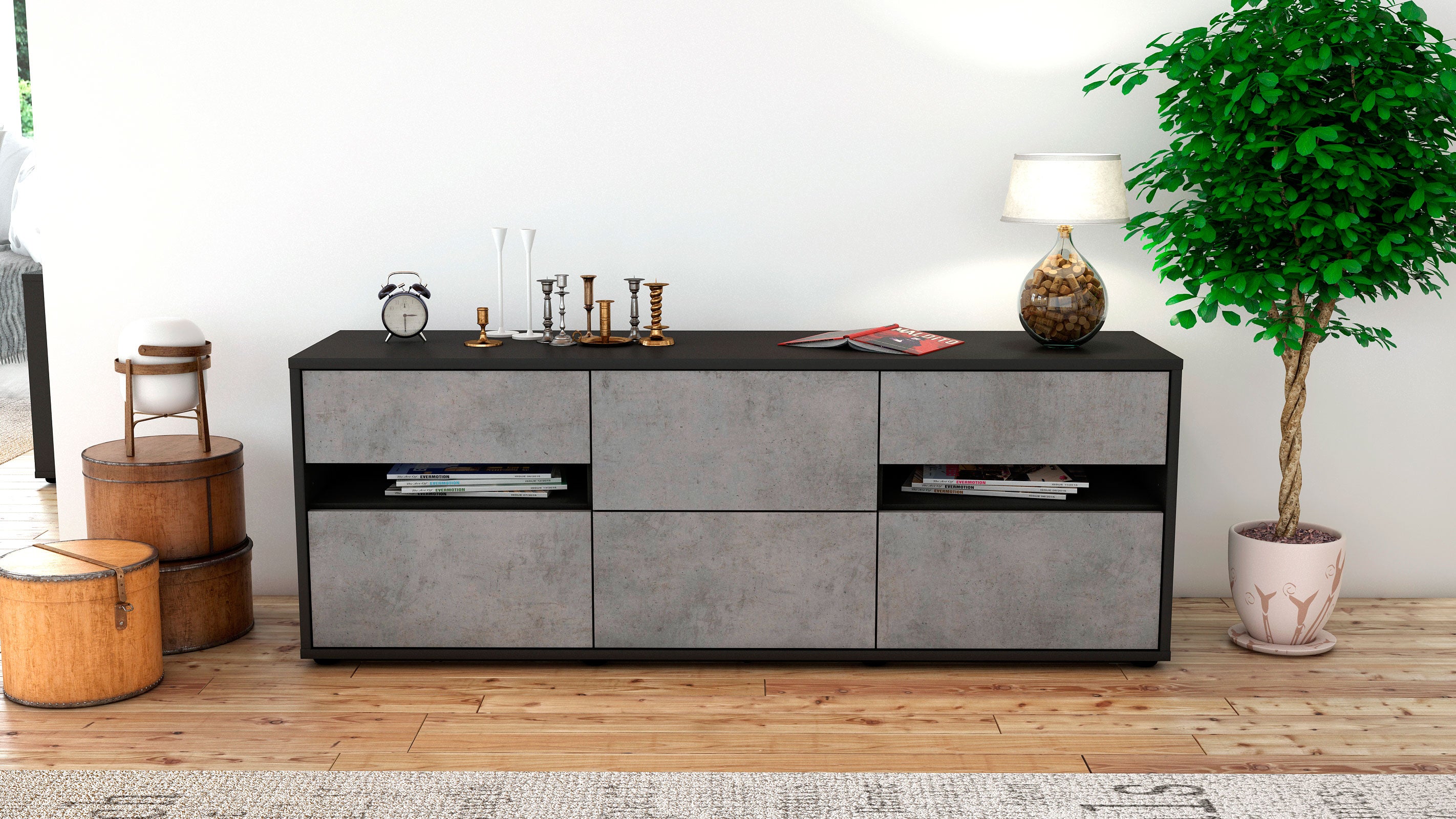 Lowboard - Andrea - Design Industrie Stil - Freistehend mit Push to Open 136 cm Anthrazit
