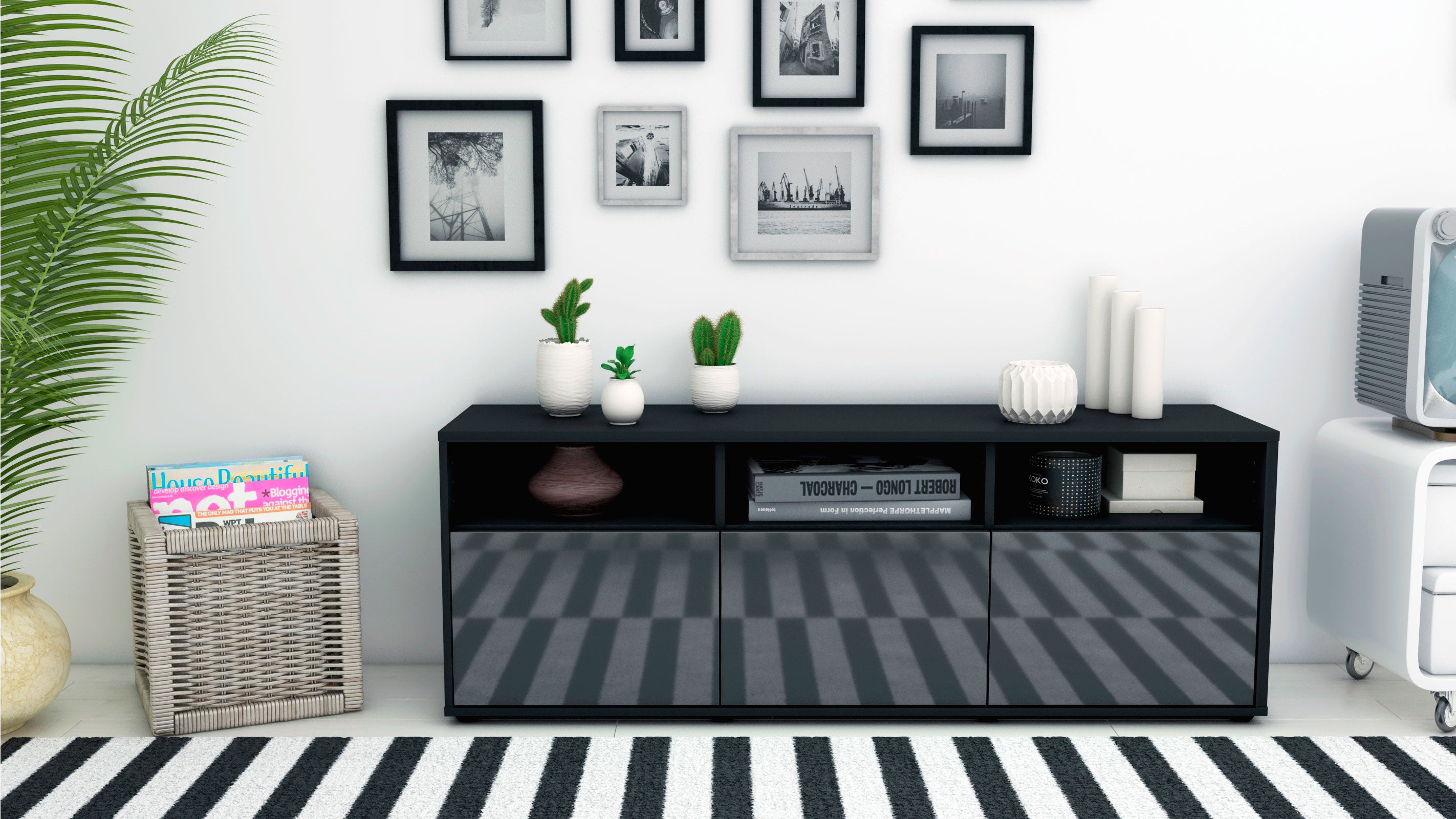 Lowboard - Andrina - Design Hochglanz - Freistehend mit Push to Open 136 cm Anthrazit