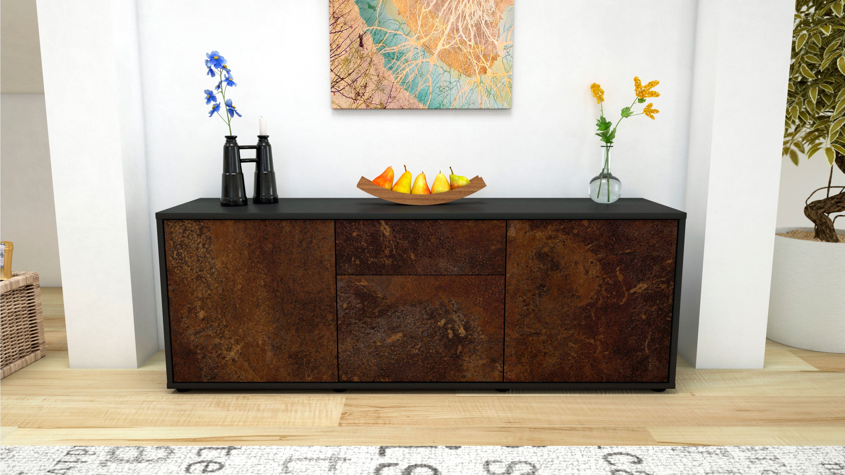 Lowboard - Anella - Design Industrie Stil - Freistehend mit Push to Open 136 cm Anthrazit