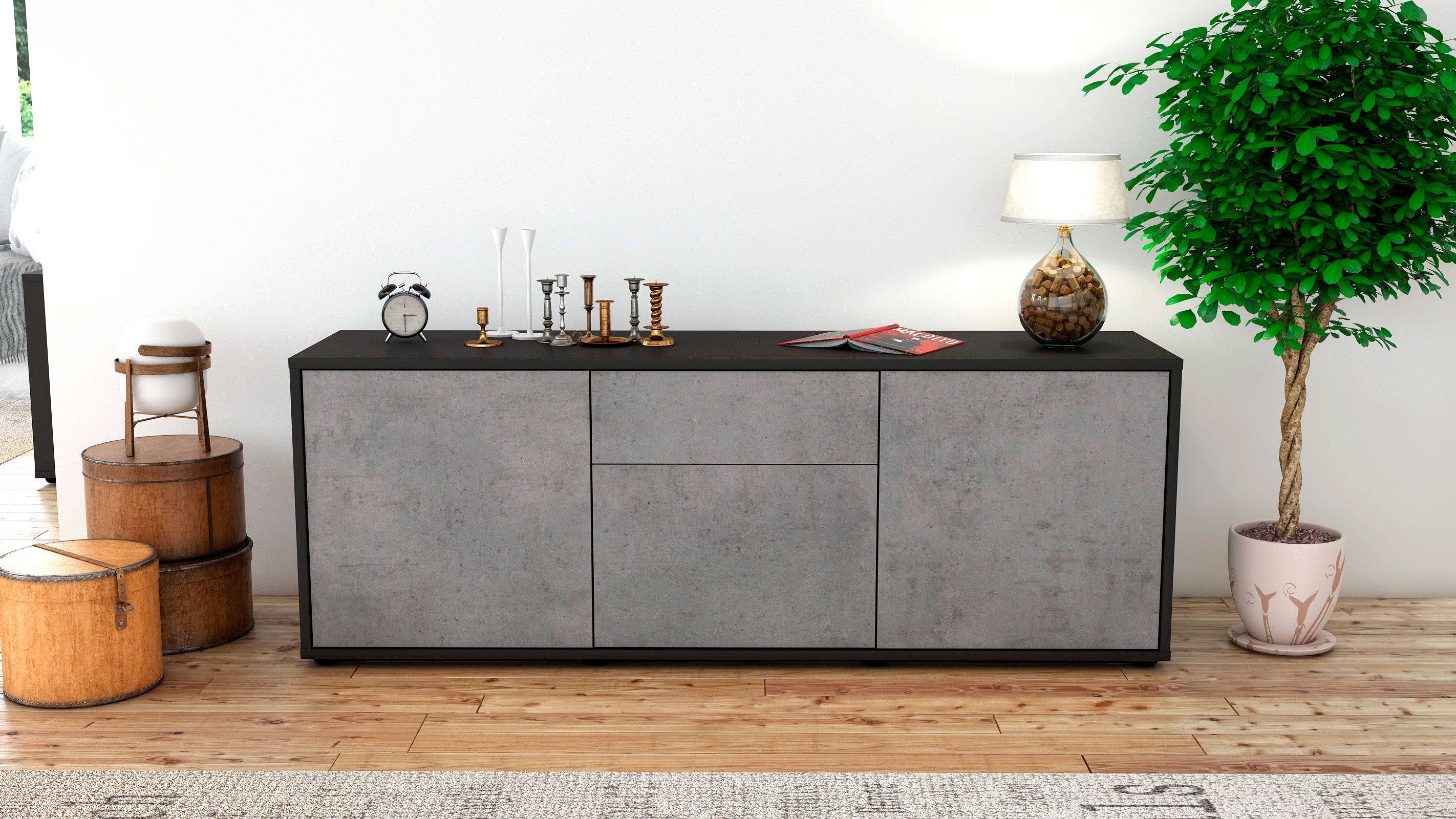 Lowboard - Anella - Design Industrie Stil - Freistehend mit Push to Open 136 cm Anthrazit