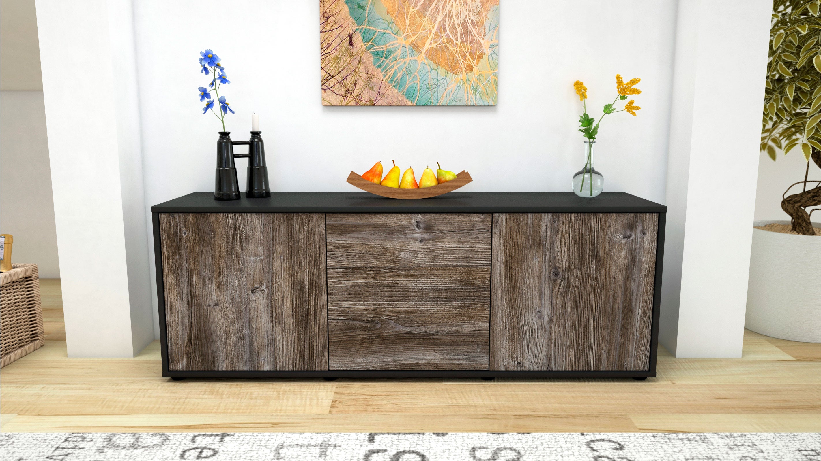 Lowboard - Anella - Design Holzdekor - Freistehend mit Push to Open 136 cm Anthrazit