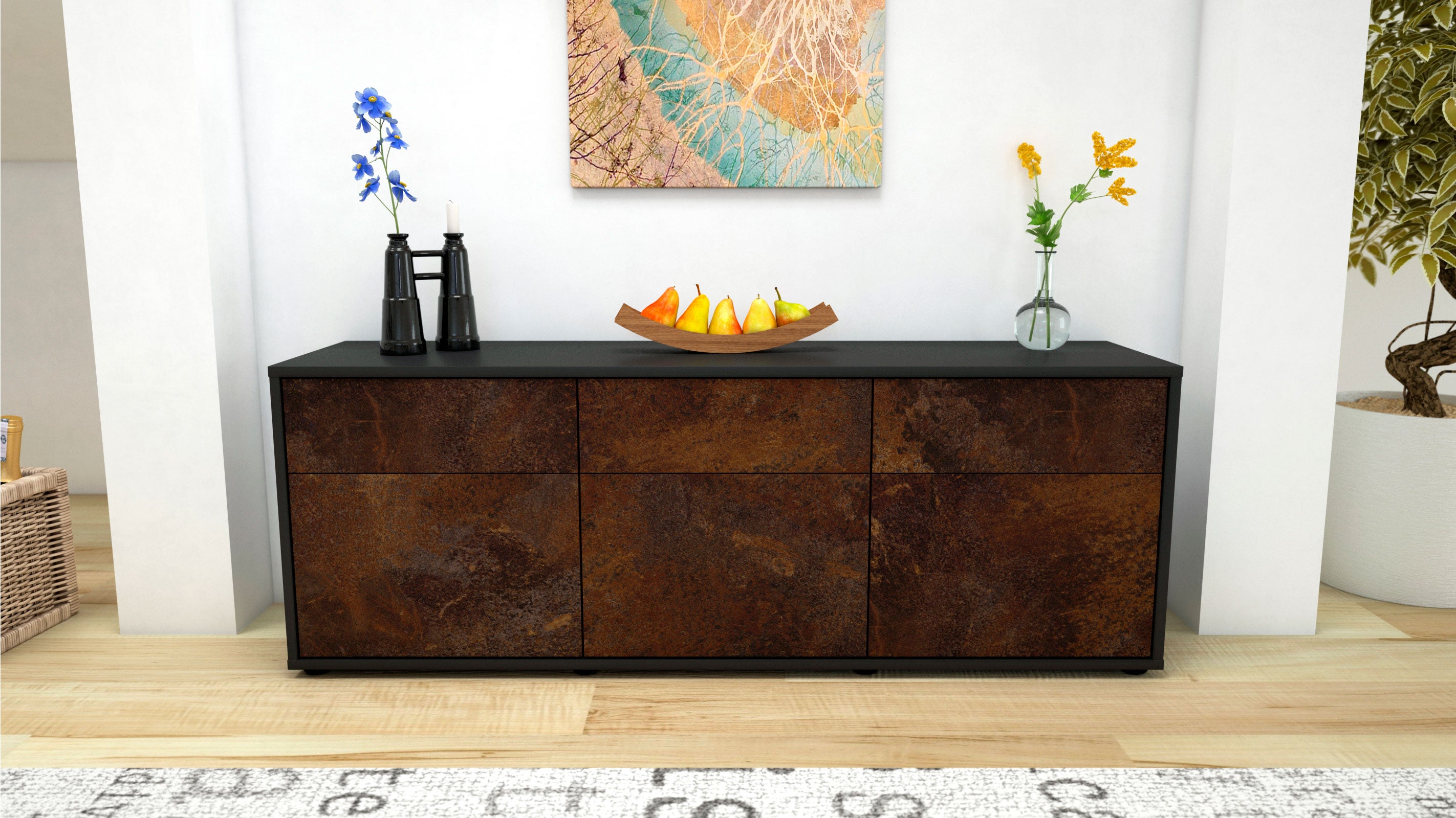 Lowboard - Angela - Design Industrie Stil - Freistehend mit Push to Open 136 cm Anthrazit