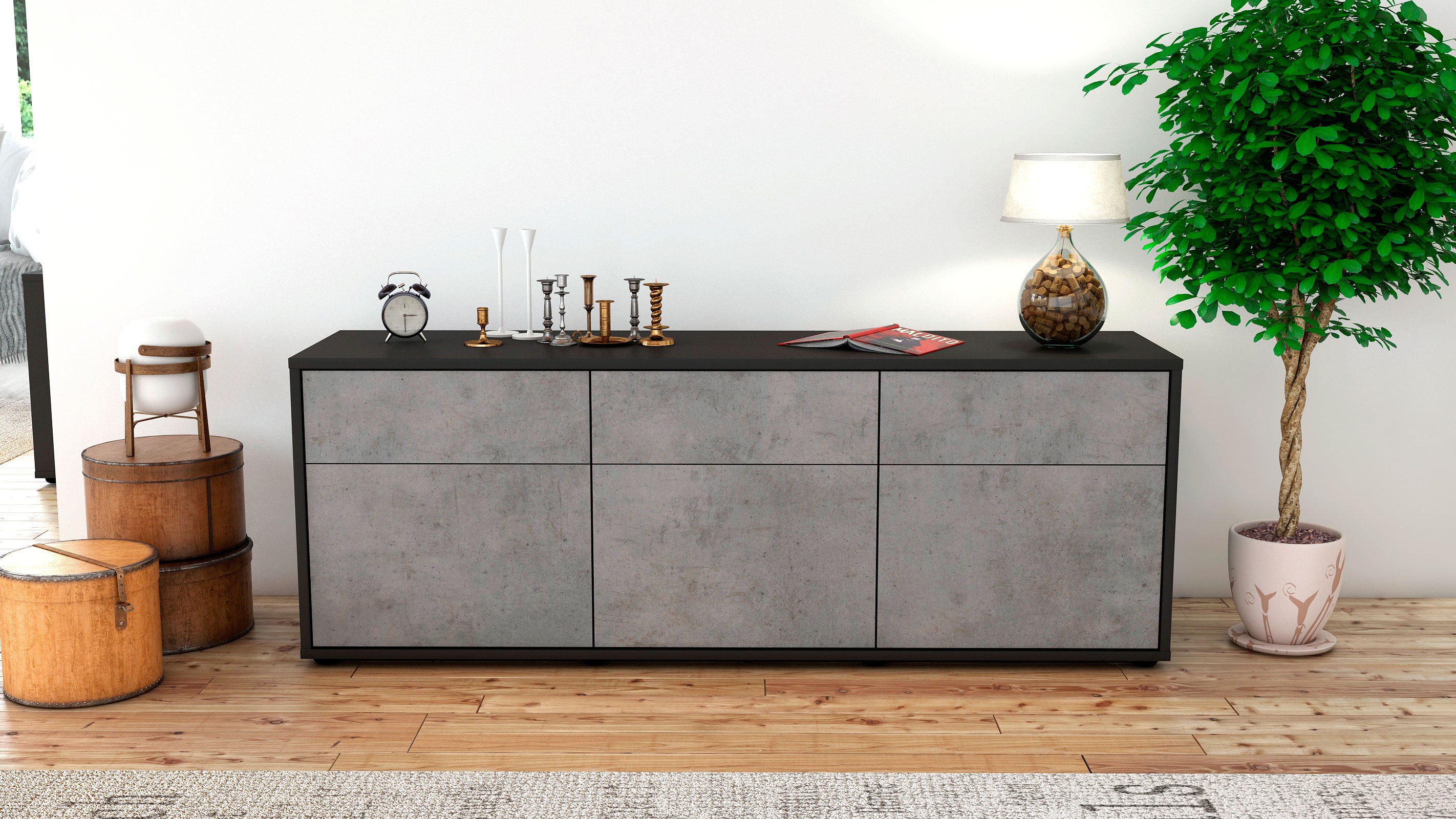 Lowboard - Angela - Design Industrie Stil - Freistehend mit Push to Open 136 cm Anthrazit