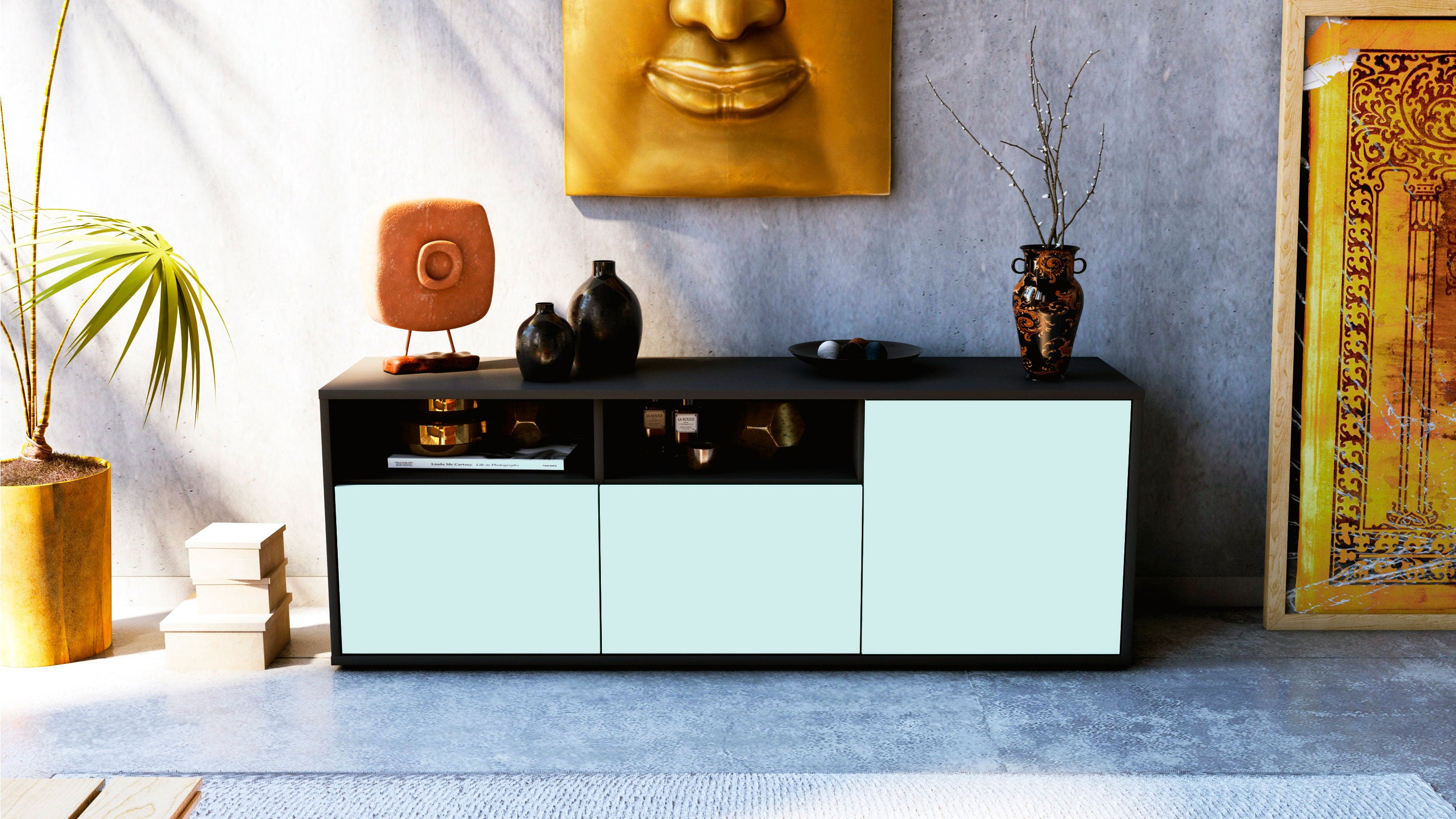 Lowboard - Anina - Design Farbakzent - Freistehend mit Push to Open 136 cm Anthrazit