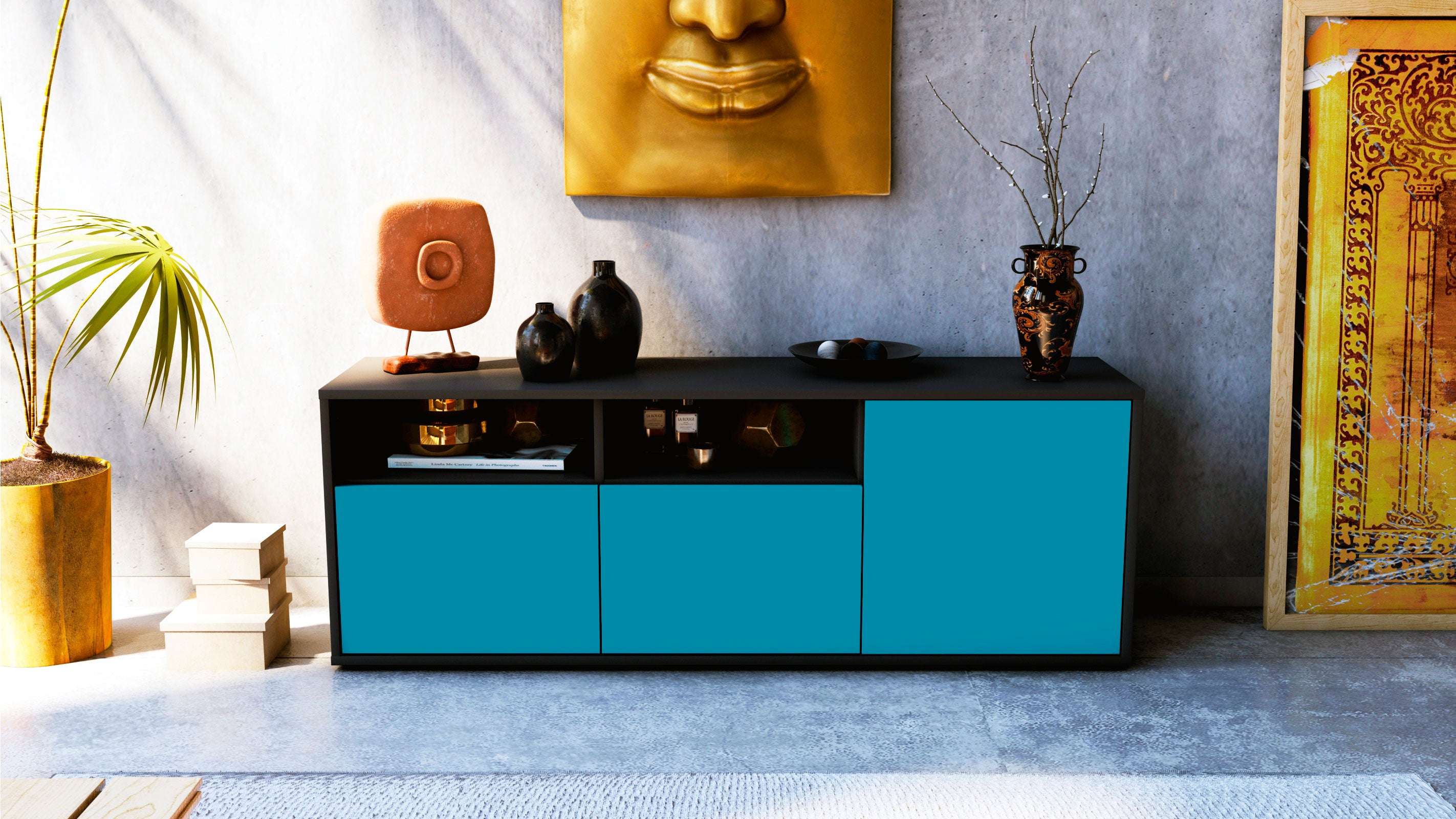 Lowboard - Anina - Design Farbakzent - Freistehend mit Push to Open 136 cm Anthrazit