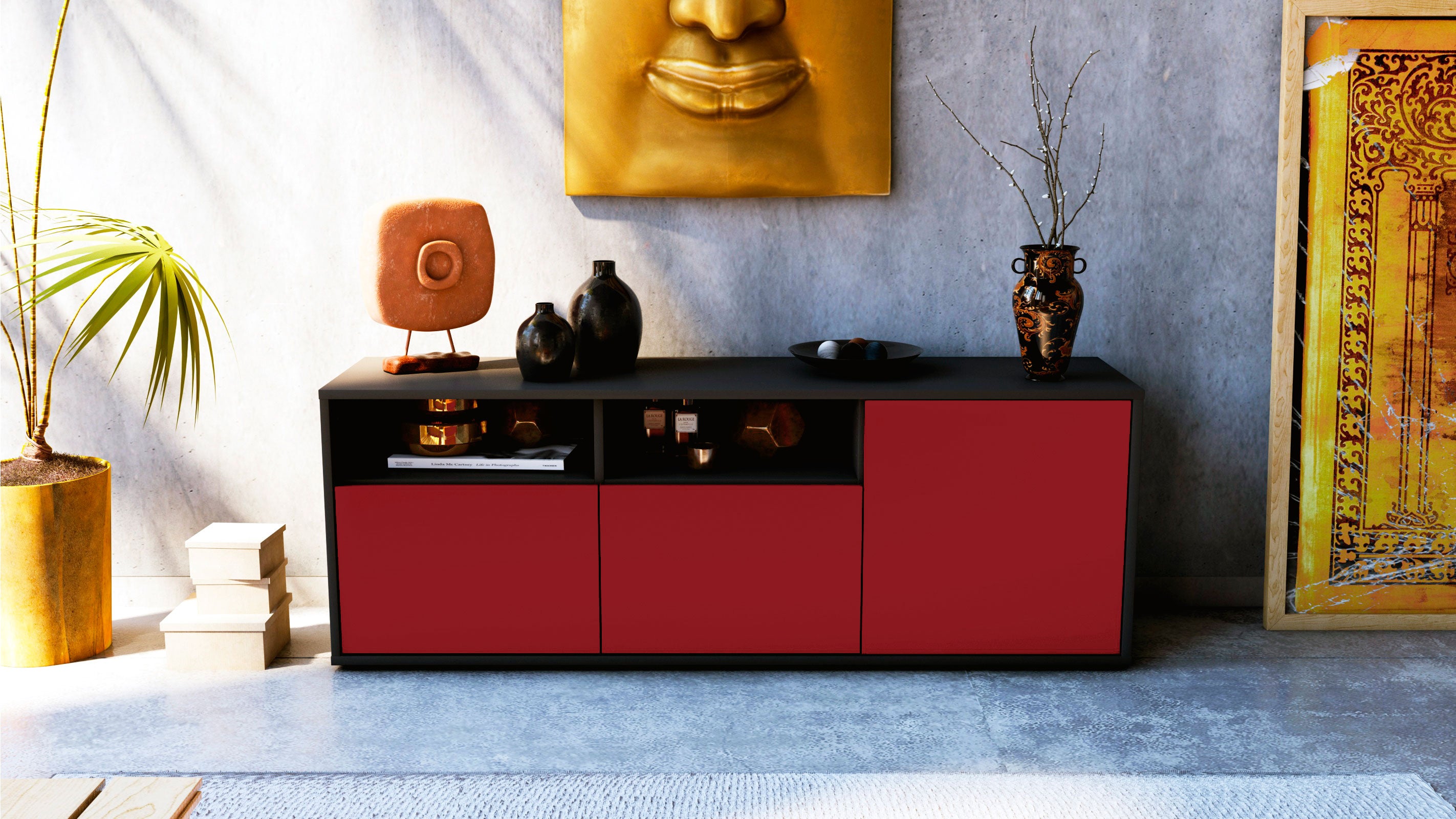 Lowboard - Anina - Design Farbakzent - Freistehend mit Push to Open 136 cm Anthrazit