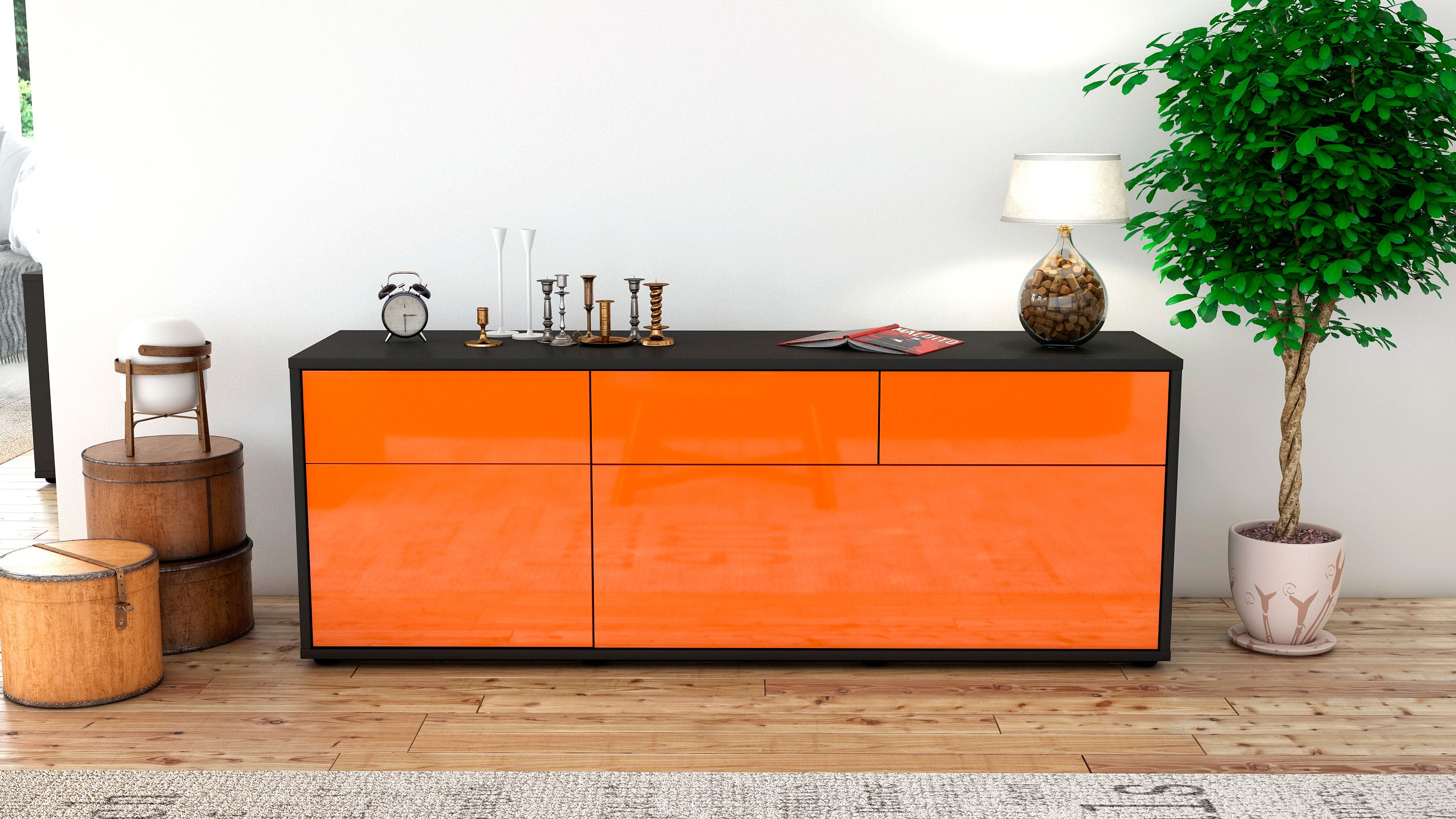 Lowboard - Anjelika - Design Hochglanz - Freistehend mit Push to Open 136 cm Anthrazit