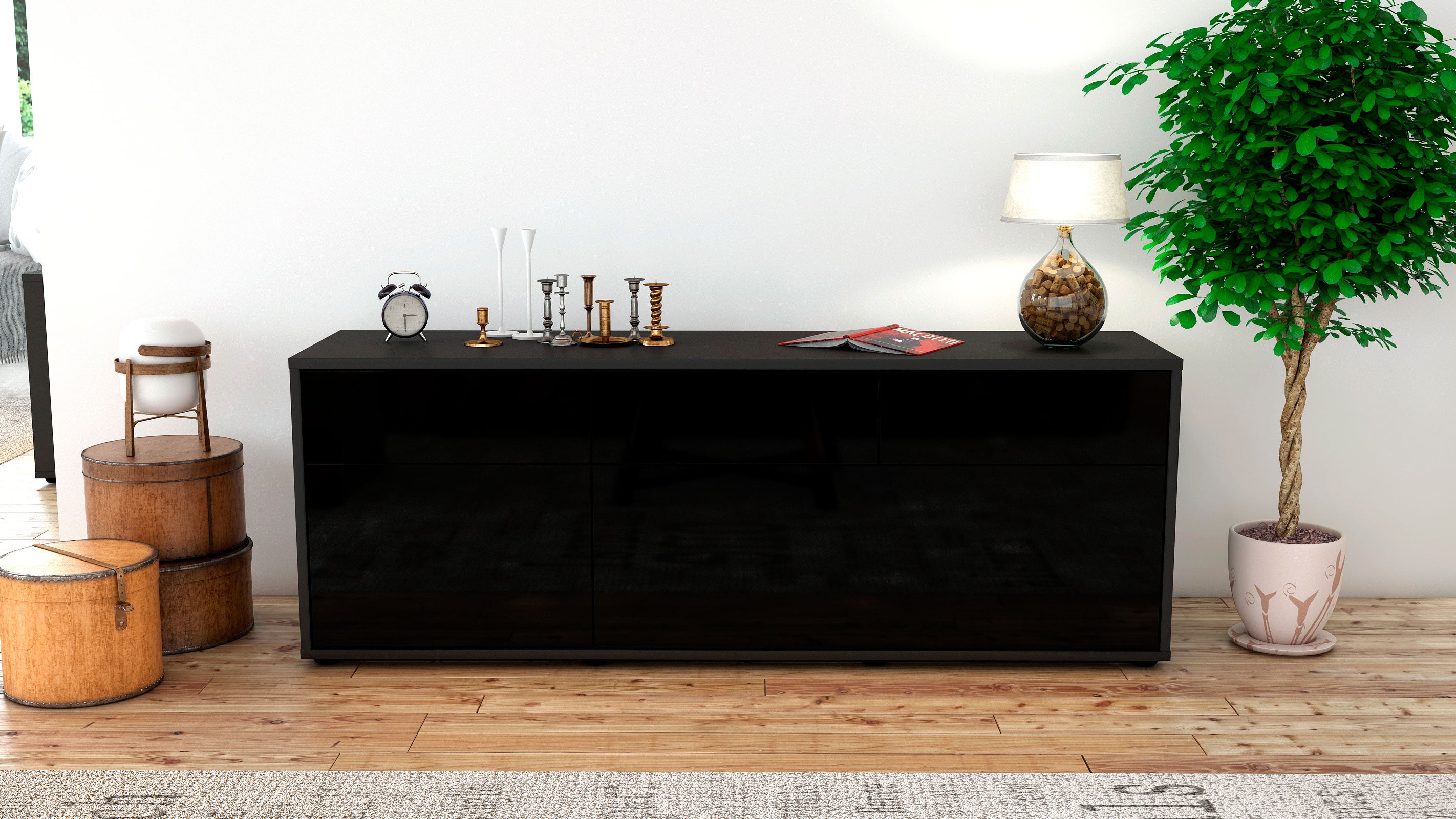 Lowboard - Anjelika - Design Hochglanz - Freistehend mit Push to Open 136 cm Anthrazit