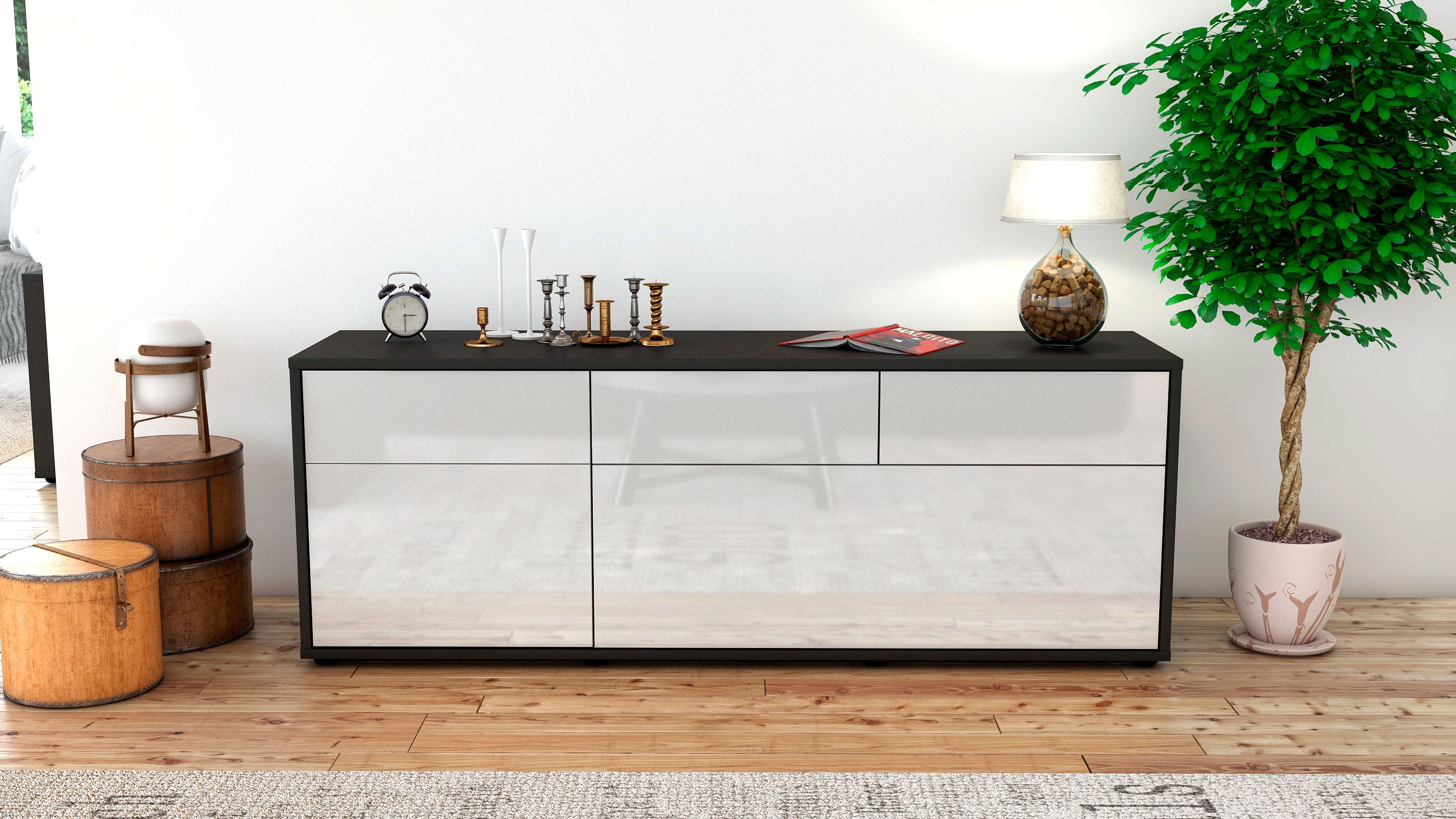 Lowboard - Anjelika - Design Hochglanz - Freistehend mit Push to Open 136 cm Anthrazit