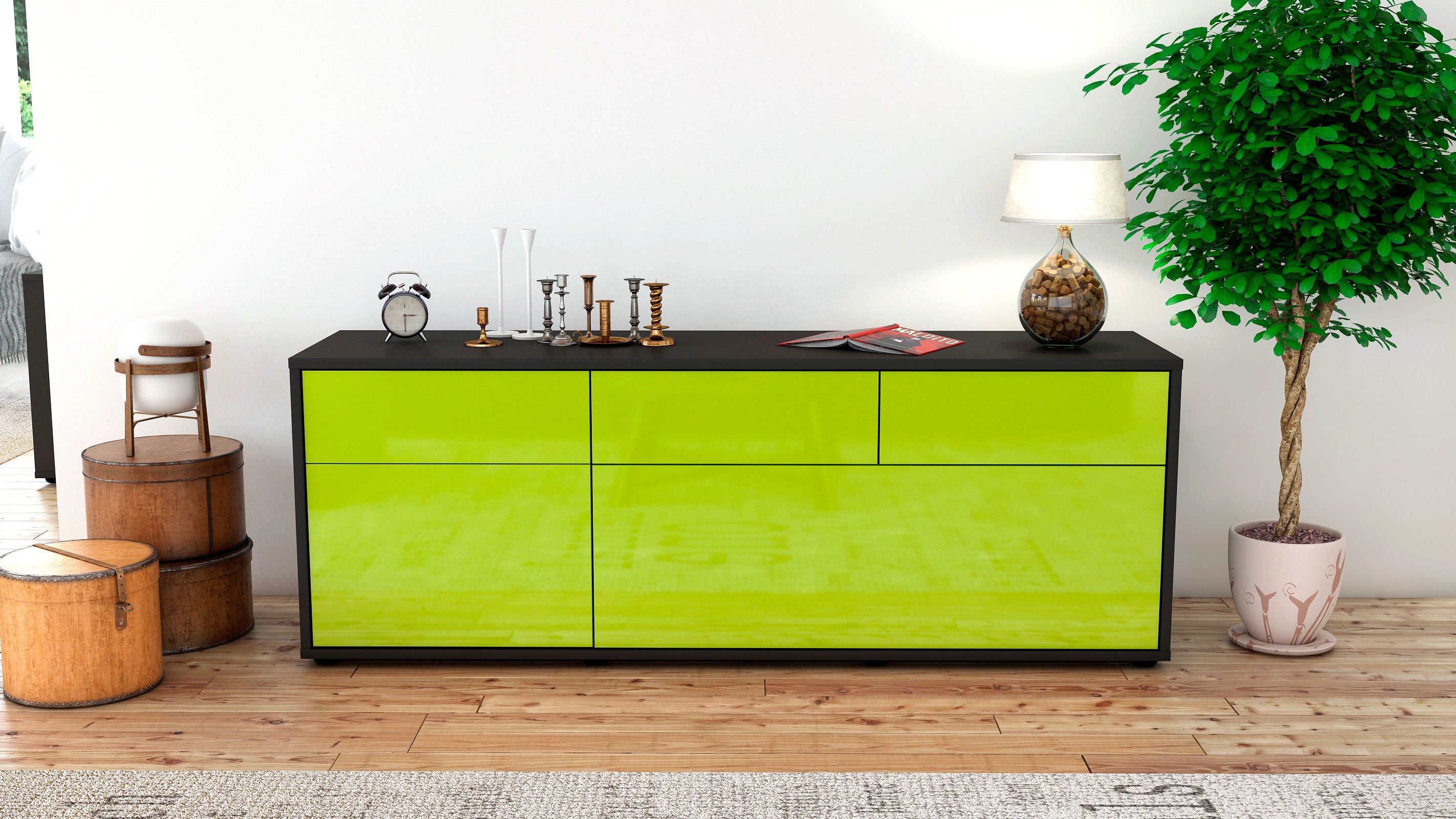 Lowboard - Anjelika - Design Hochglanz - Freistehend mit Push to Open 136 cm Anthrazit