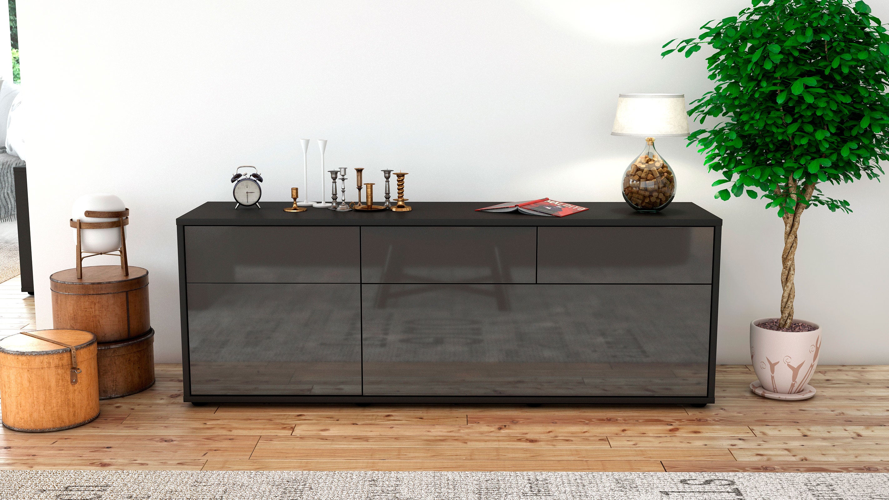 Lowboard - Anjelika - Design Hochglanz - Freistehend mit Push to Open 136 cm Anthrazit