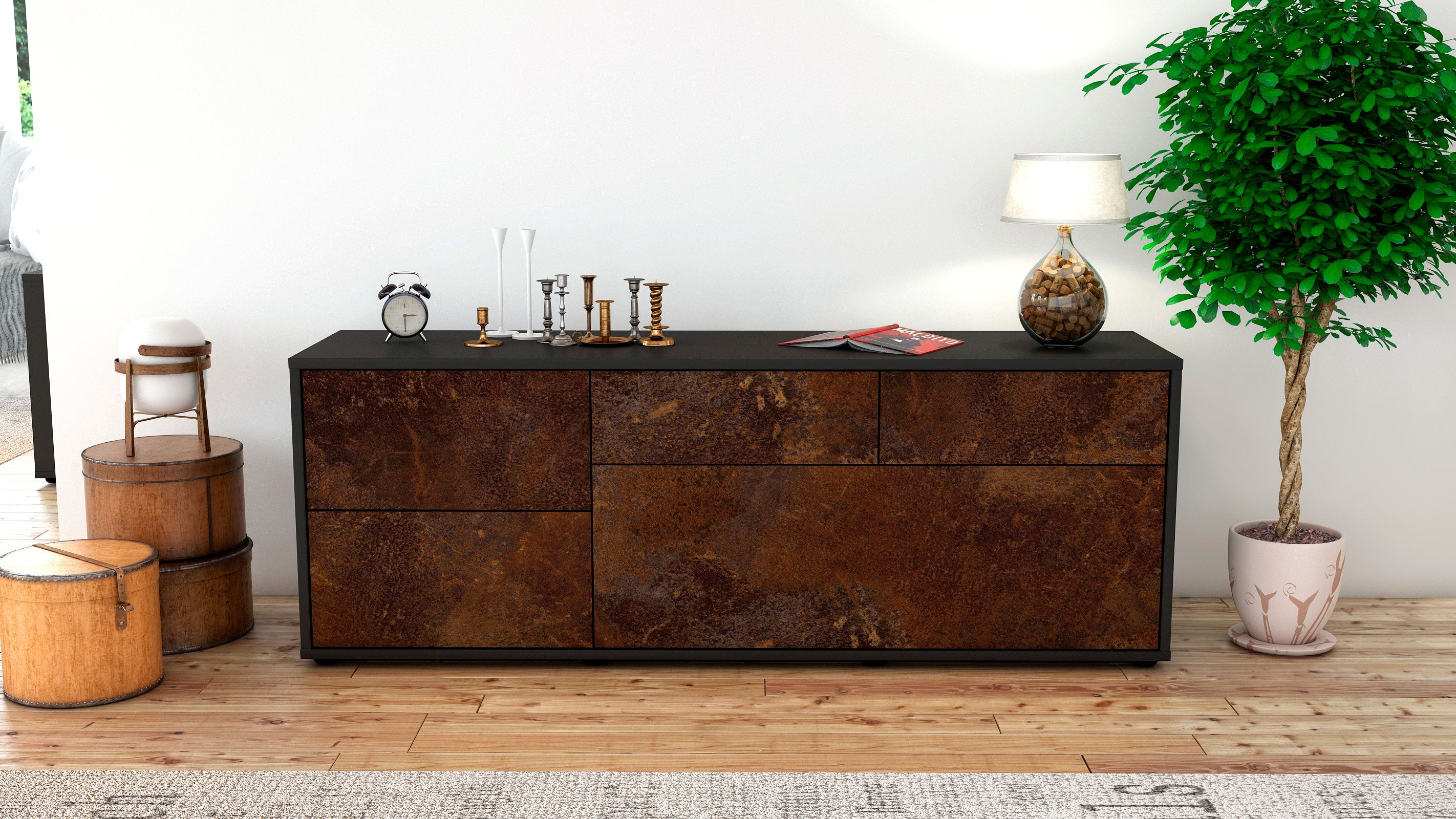 Lowboard - Anna - Design Industrie Stil - Freistehend mit Push to Open 136 cm Anthrazit