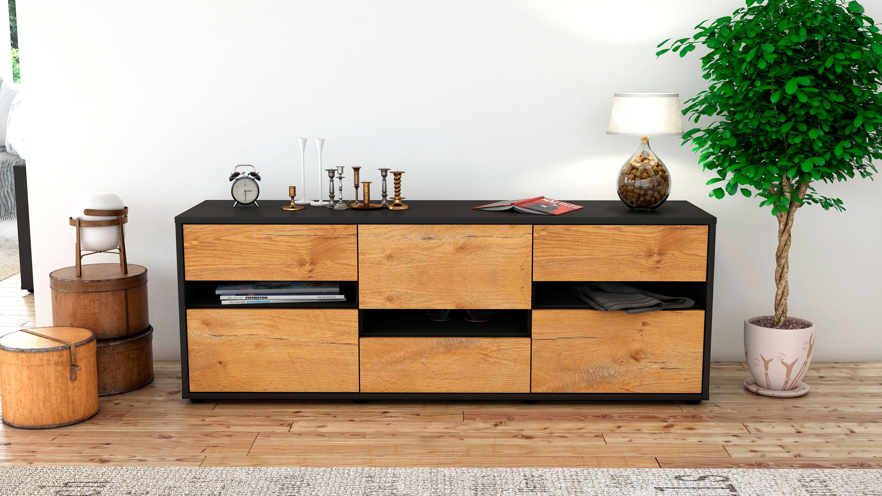 Lowboard - Annalisa - Design Holzdekor - Freistehend mit Push to Open 136 cm Anthrazit