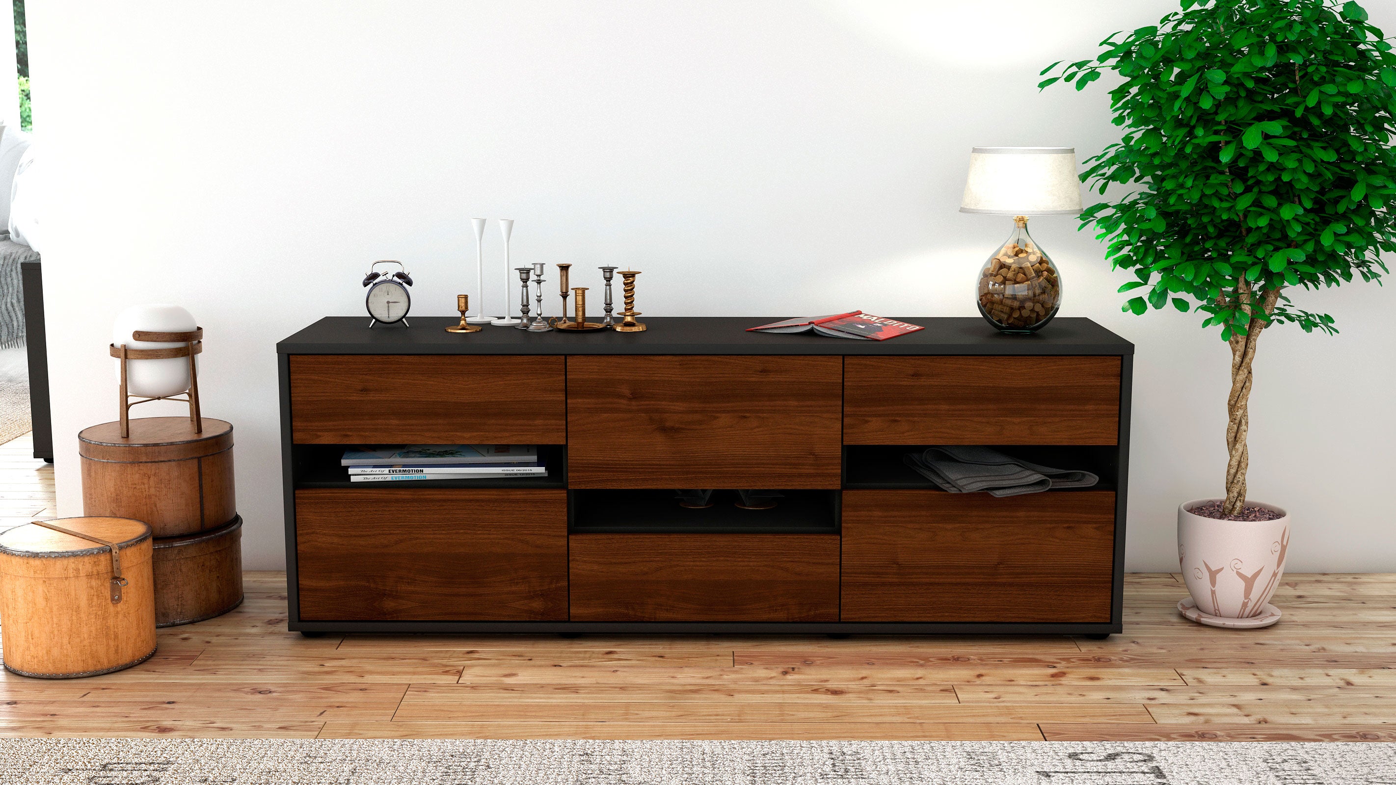 Lowboard - Annalisa - Design Holzdekor - Freistehend mit Push to Open 136 cm Anthrazit