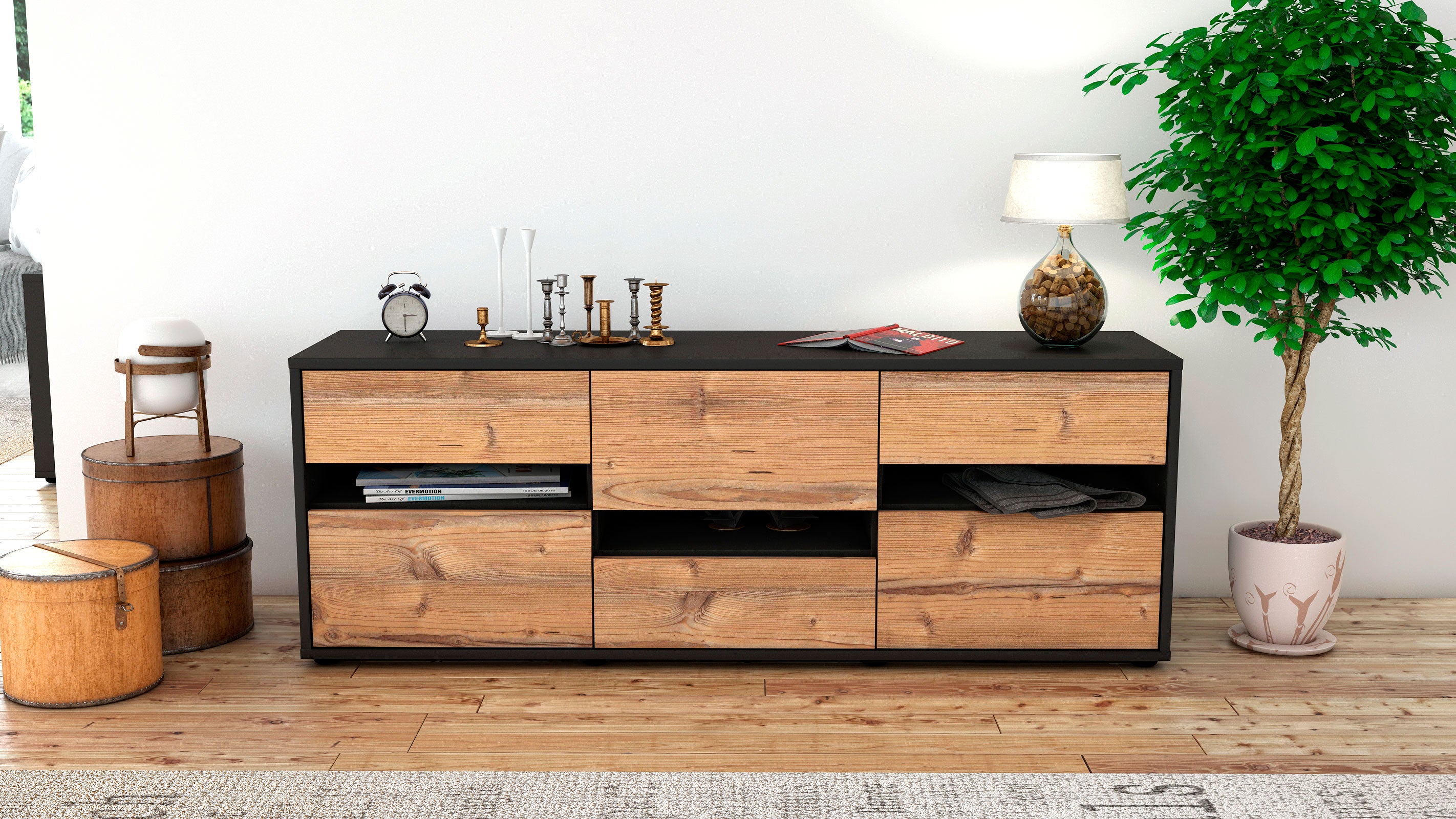 Lowboard - Annalisa - Design Holzdekor - Freistehend mit Push to Open 136 cm Anthrazit