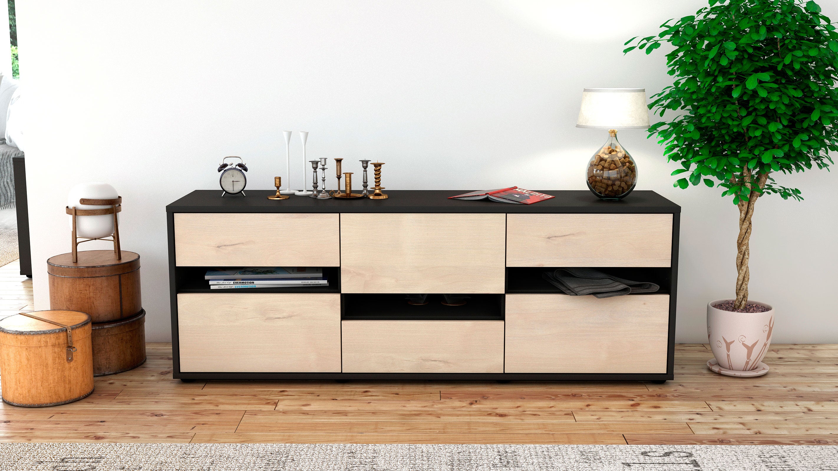Lowboard - Annalisa - Design Holzdekor - Freistehend mit Push to Open 136 cm Anthrazit