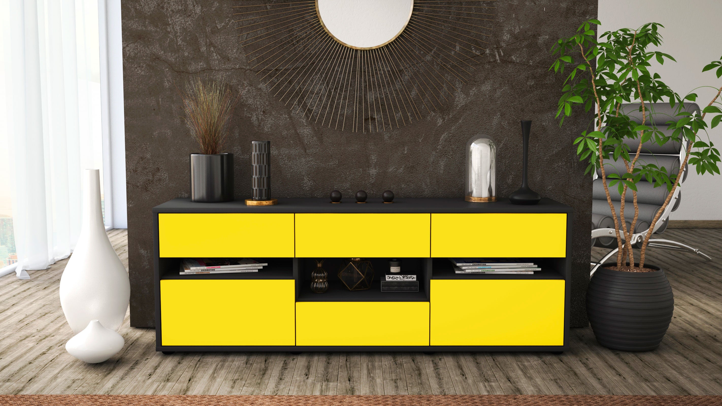 Lowboard - Annamaria - Design Farbakzent - Freistehend mit Push to Open 136 cm Anthrazit