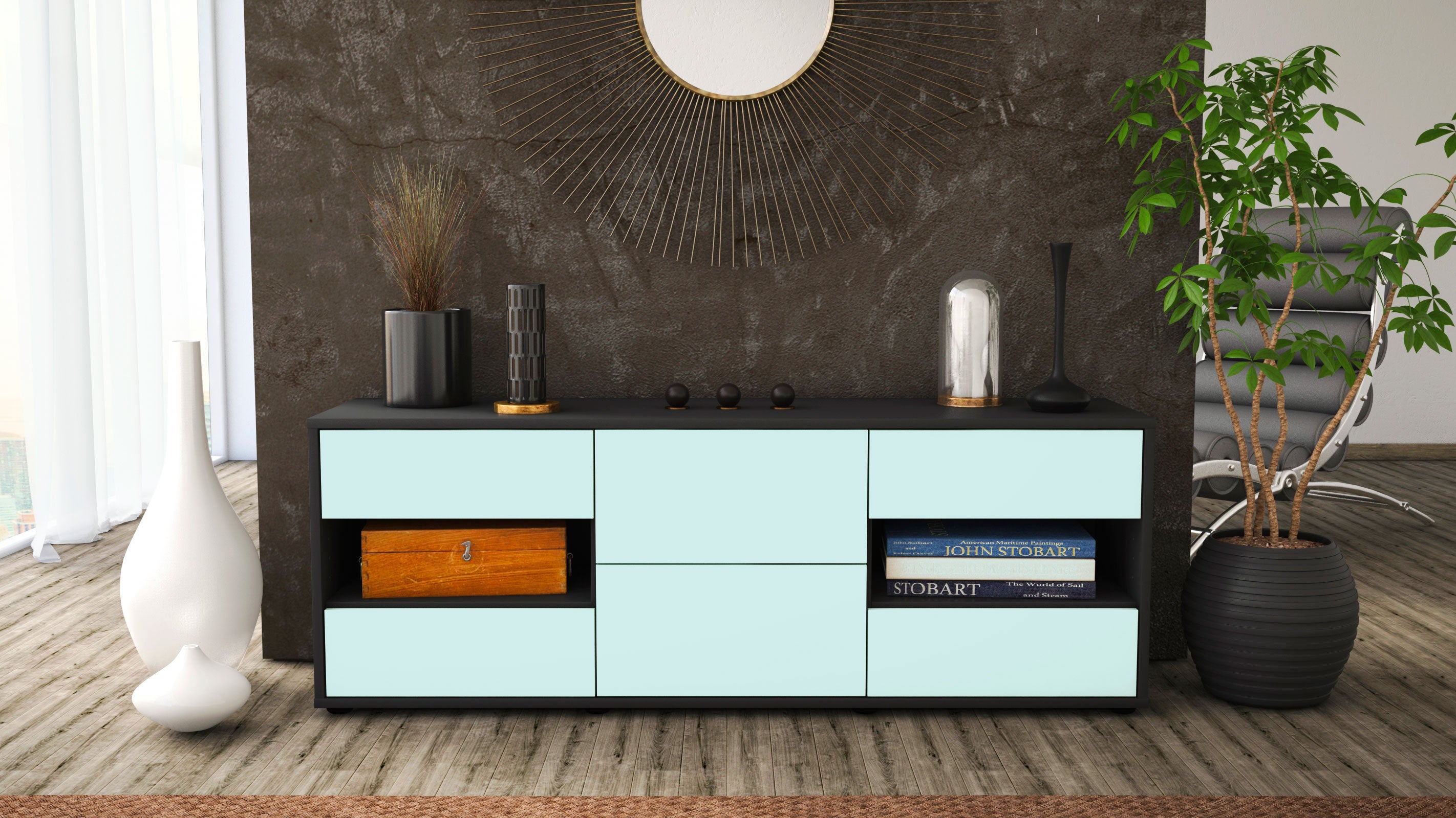 Lowboard - Anni - Design Farbakzent - Freistehend mit Push to Open 136 cm Anthrazit