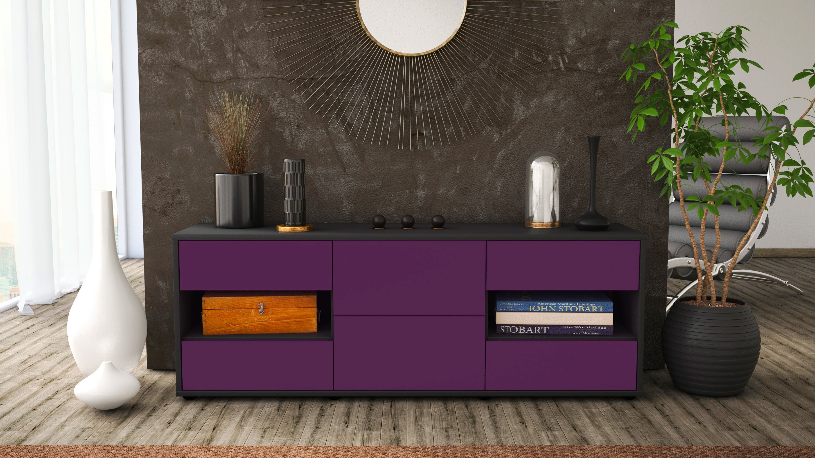 Lowboard - Anni - Design Farbakzent - Freistehend mit Push to Open 136 cm Anthrazit
