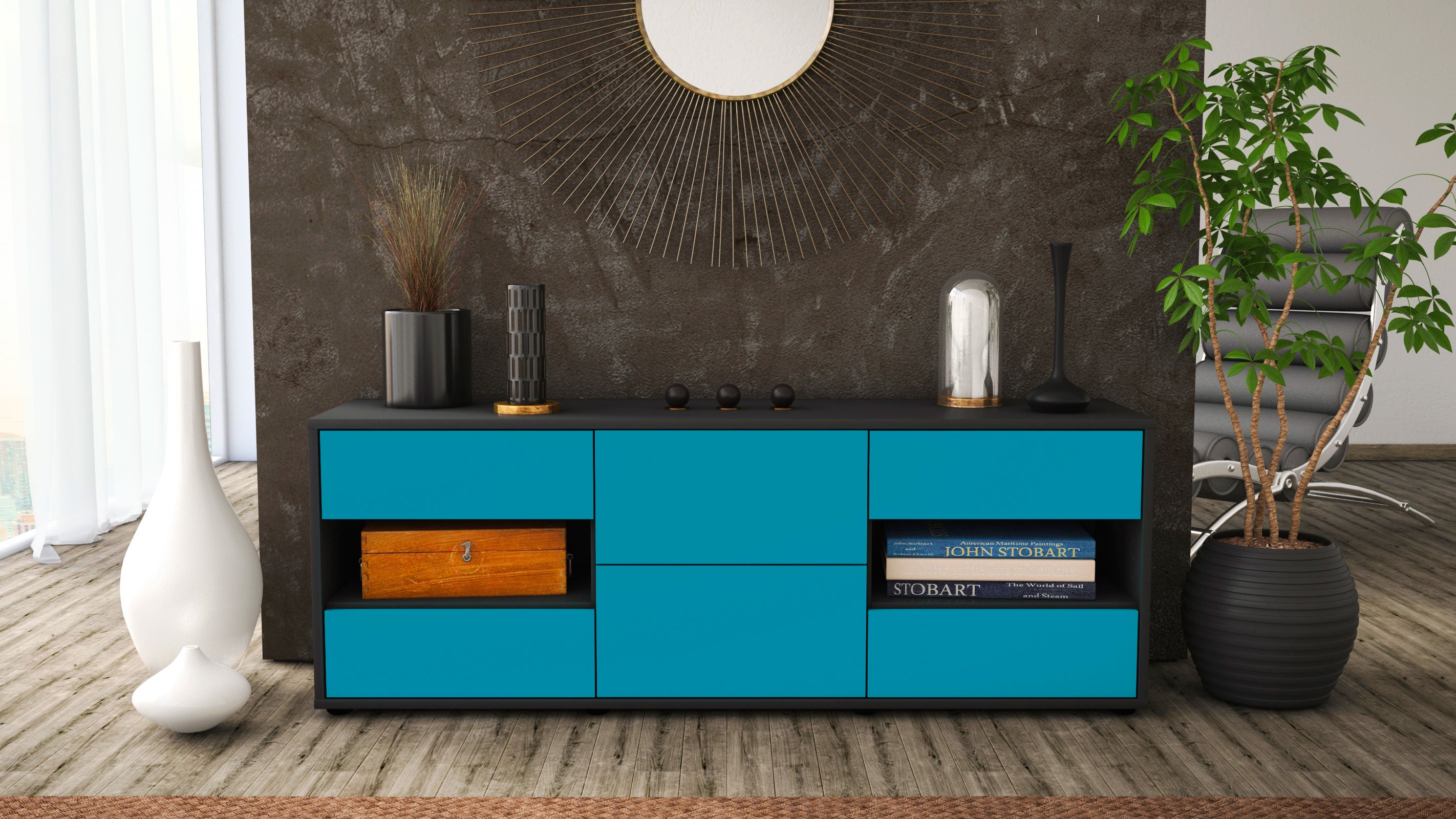 Lowboard - Anni - Design Farbakzent - Freistehend mit Push to Open 136 cm Anthrazit
