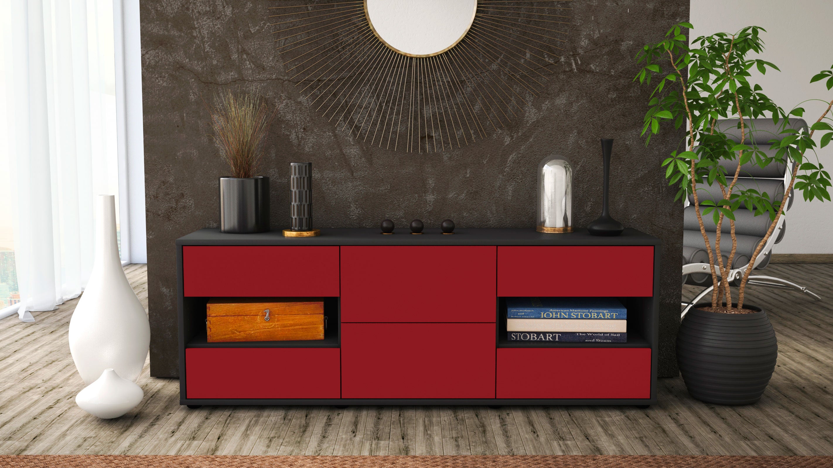 Lowboard - Anni - Design Farbakzent - Freistehend mit Push to Open 136 cm Anthrazit