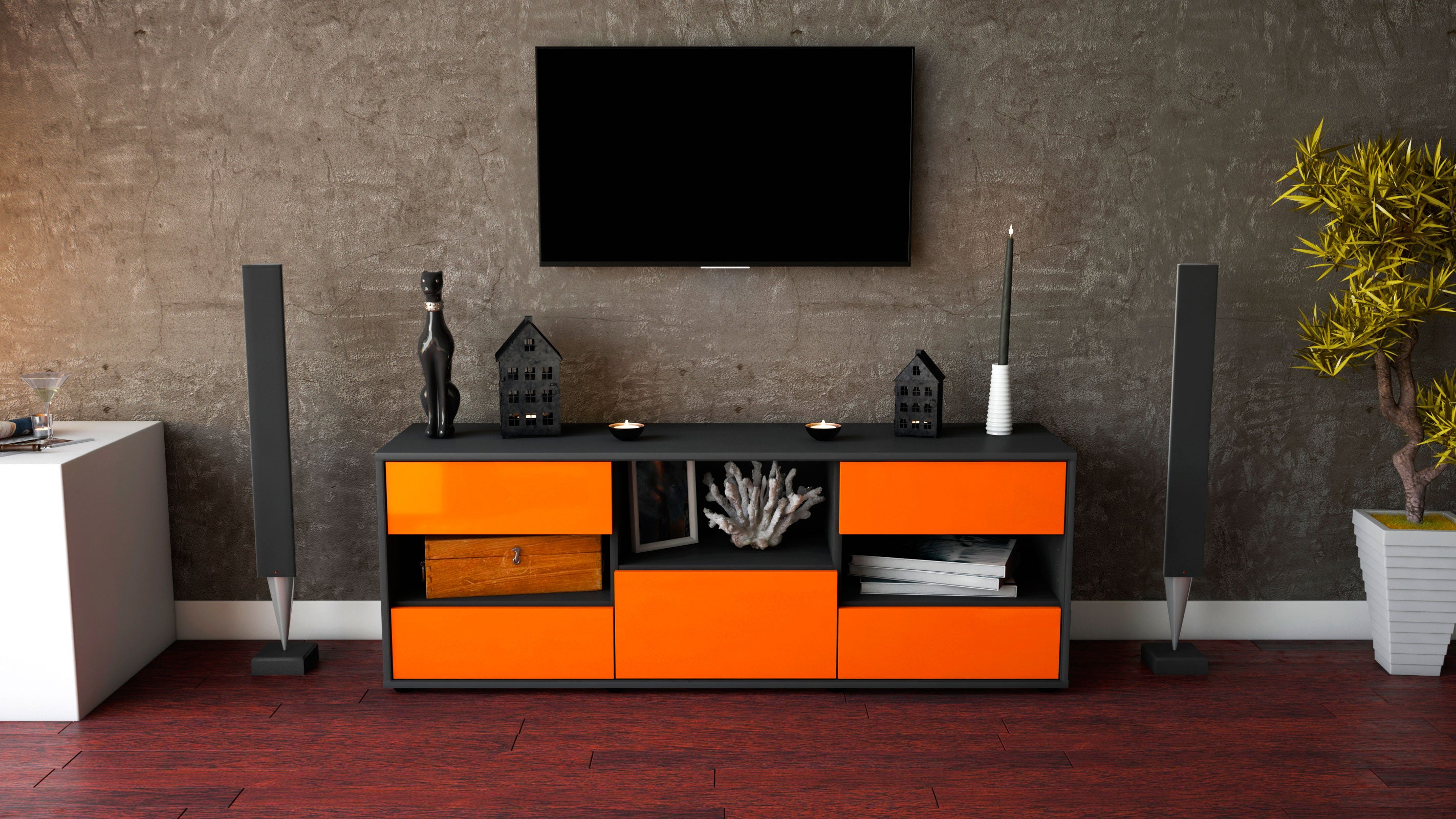 Lowboard - Annunziata - Design Hochglanz - Freistehend mit Push to Open 136 cm Anthrazit