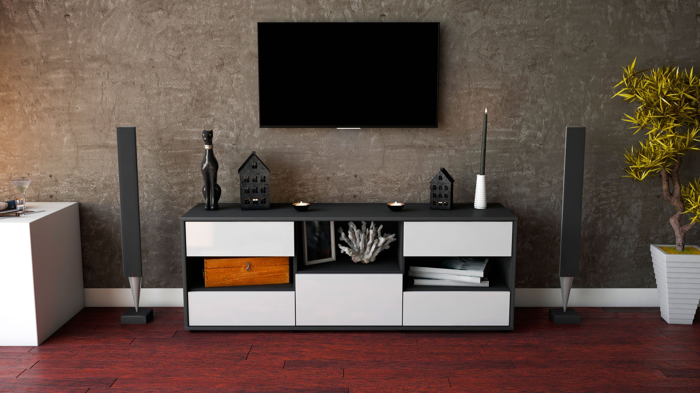 Lowboard - Annunziata - Design Hochglanz - Freistehend mit Push to Open 136 cm Anthrazit