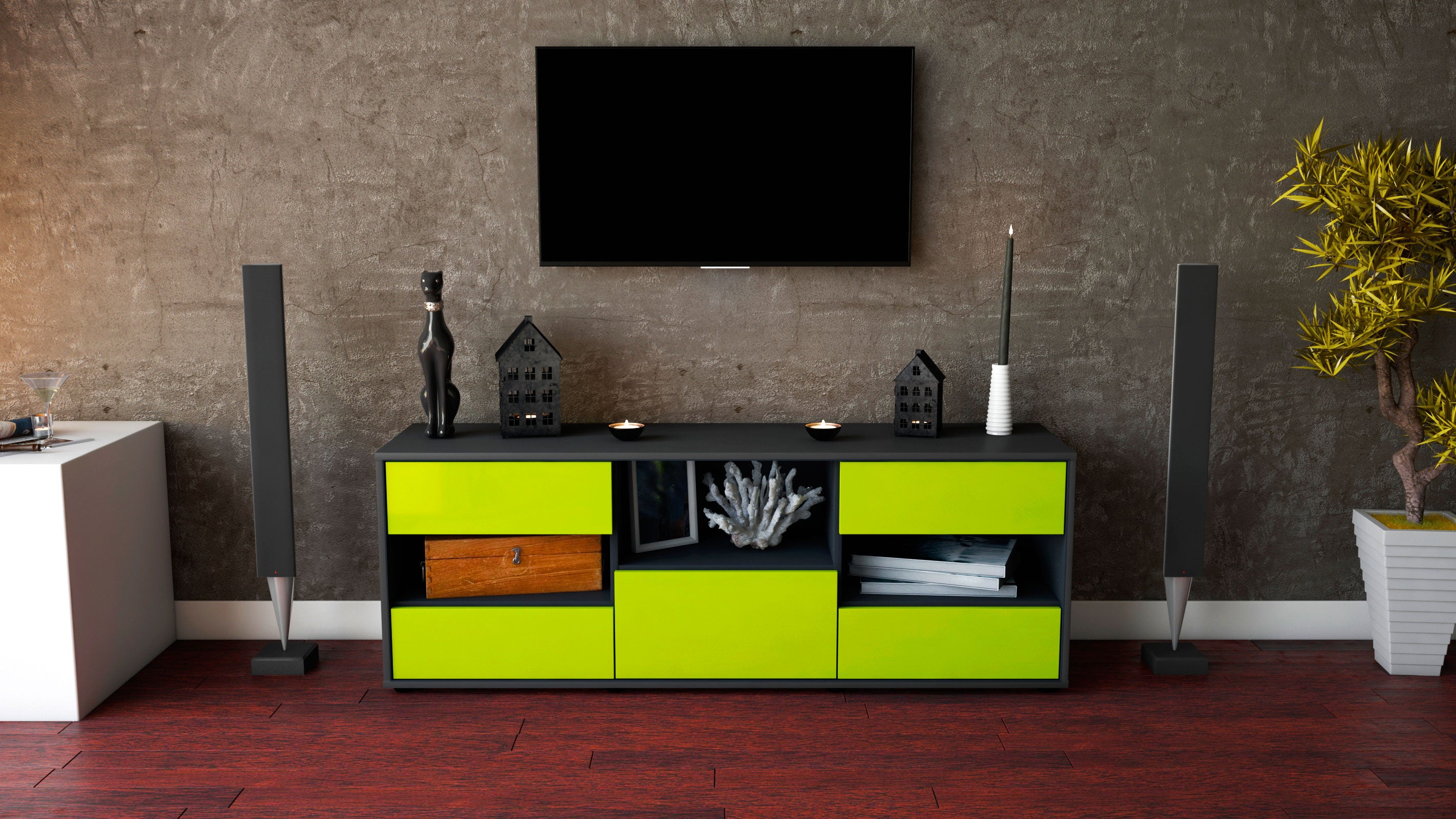 Lowboard - Annunziata - Design Hochglanz - Freistehend mit Push to Open 136 cm Anthrazit
