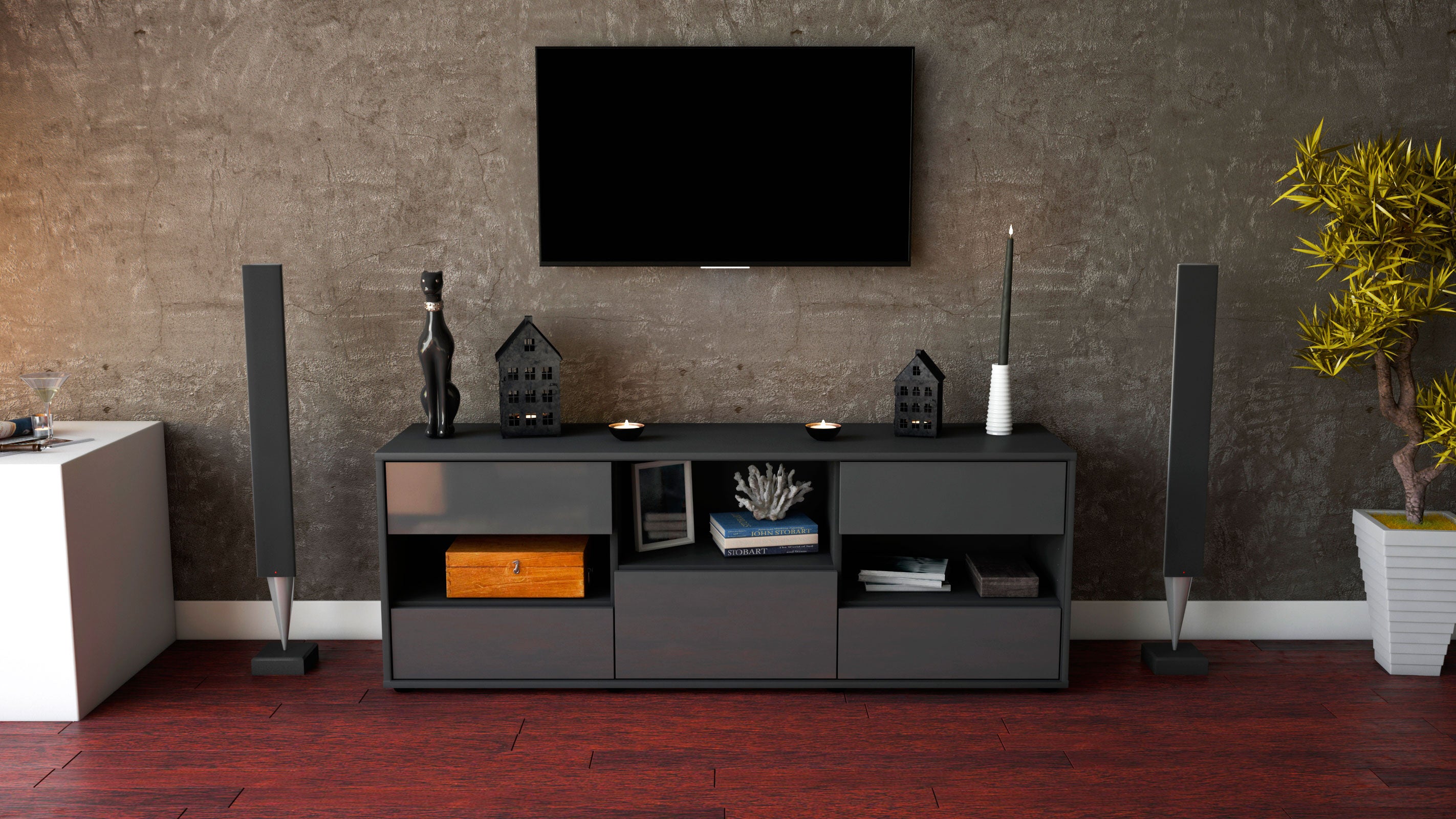 Lowboard - Annunziata - Design Hochglanz - Freistehend mit Push to Open 136 cm Anthrazit