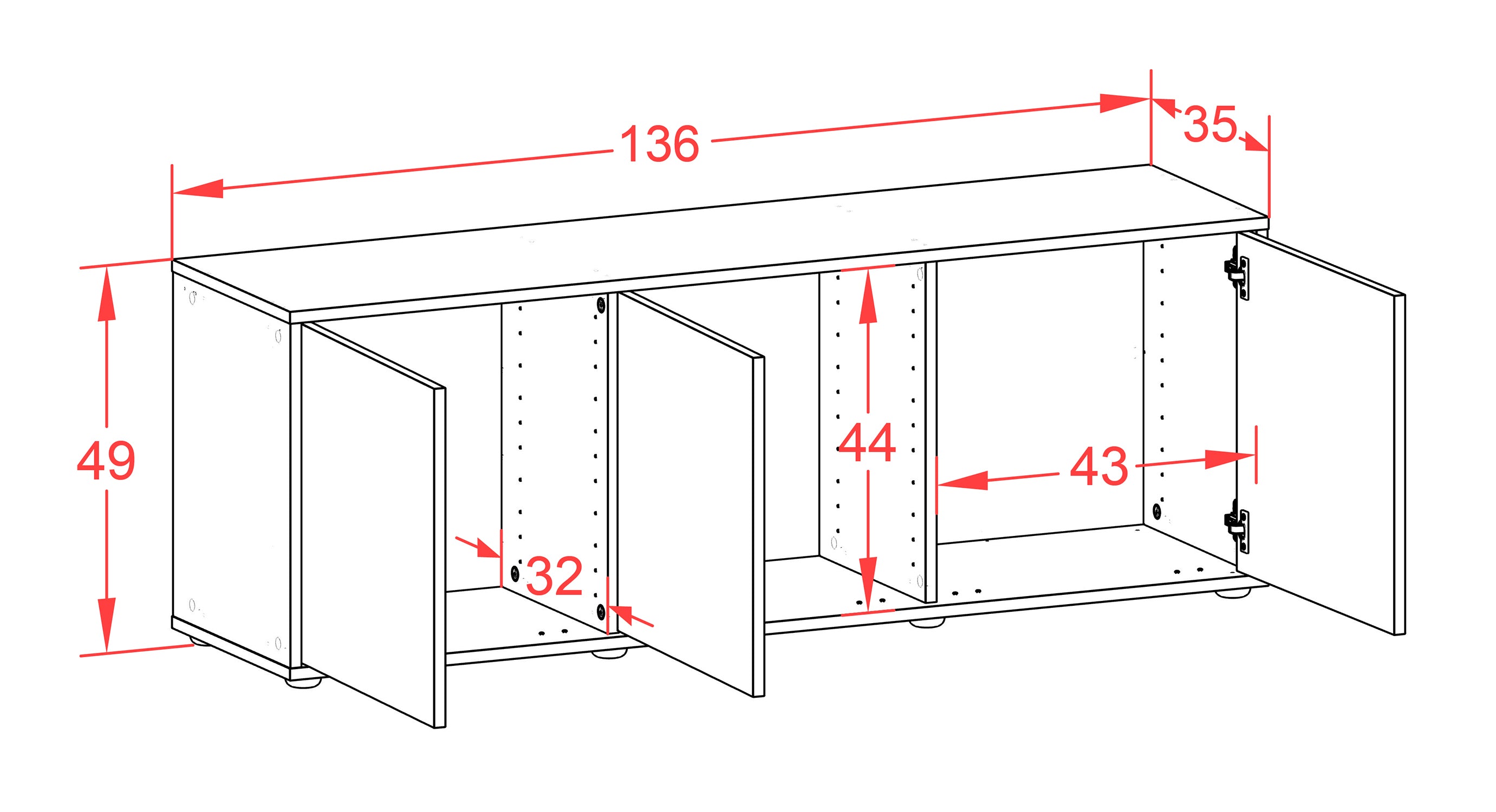 Lowboard - Allegra - Design Industrie Stil - Freistehend mit Push to Open 136 cm Weiss