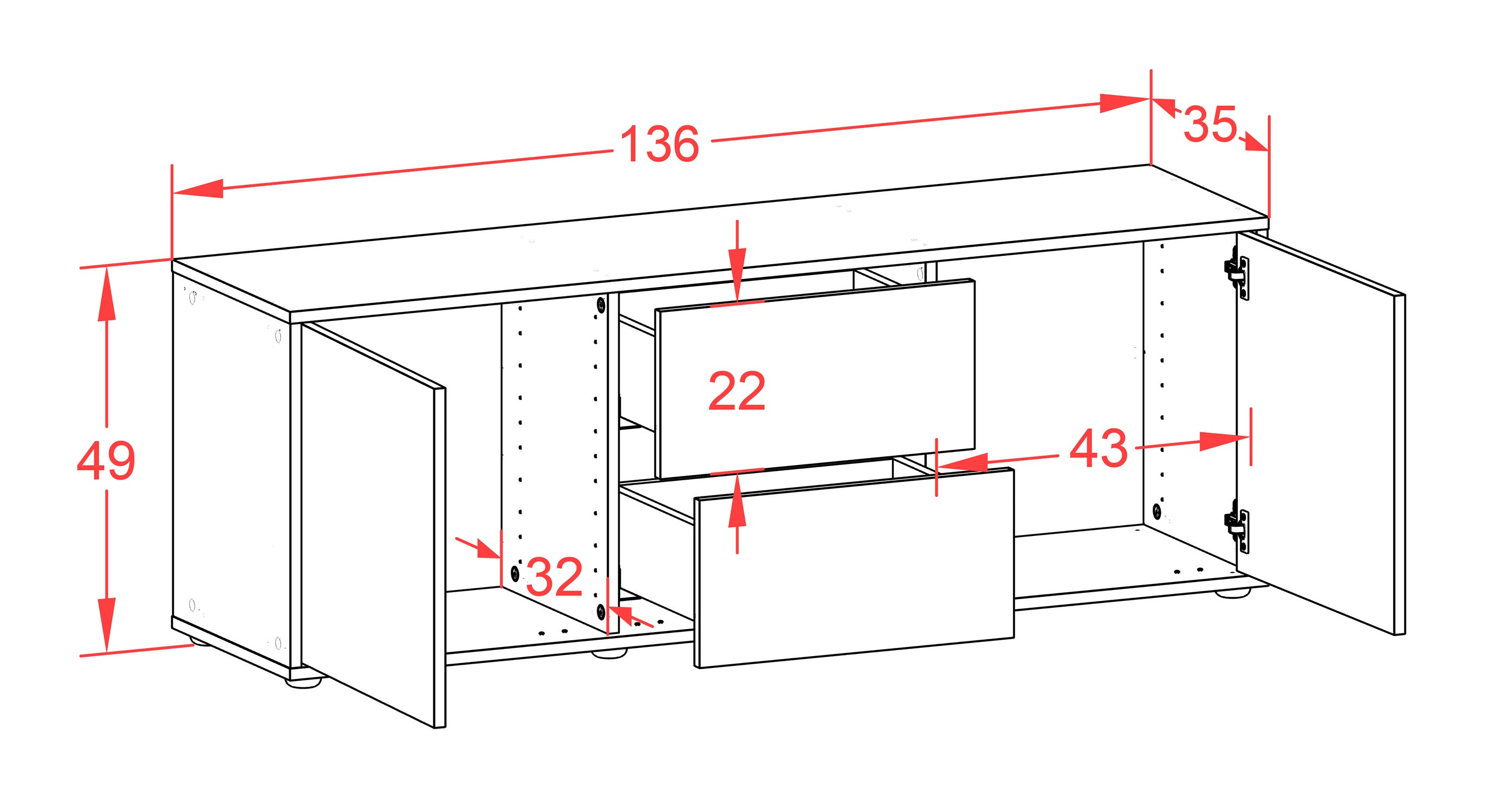 Lowboard - Alma - Design Farbakzent - Freistehend mit Push to Open 136 cm Weiss
