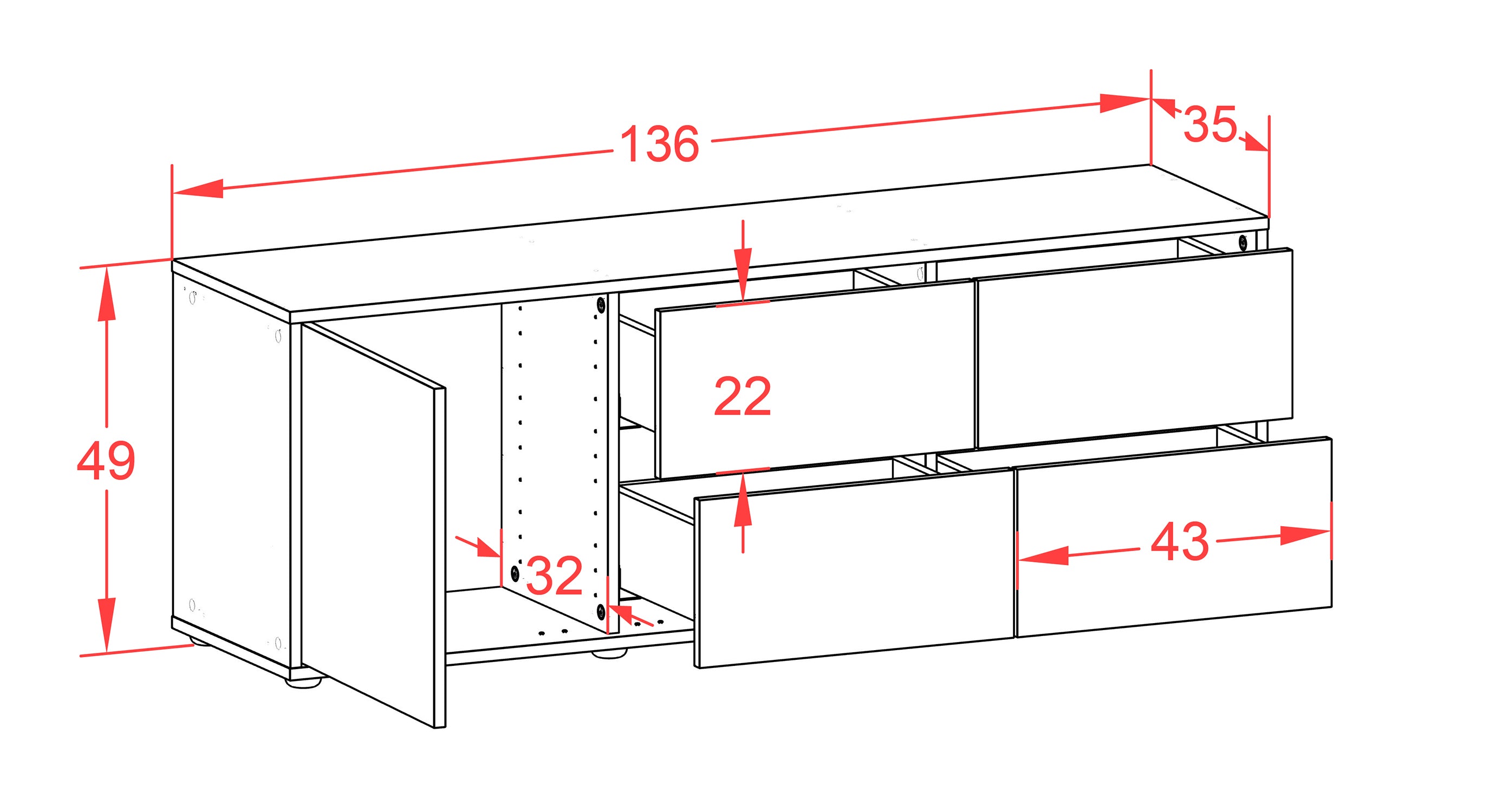 Lowboard - Aloisia - Design Holzdekor - Freistehend mit Push to Open 136 cm Weiss