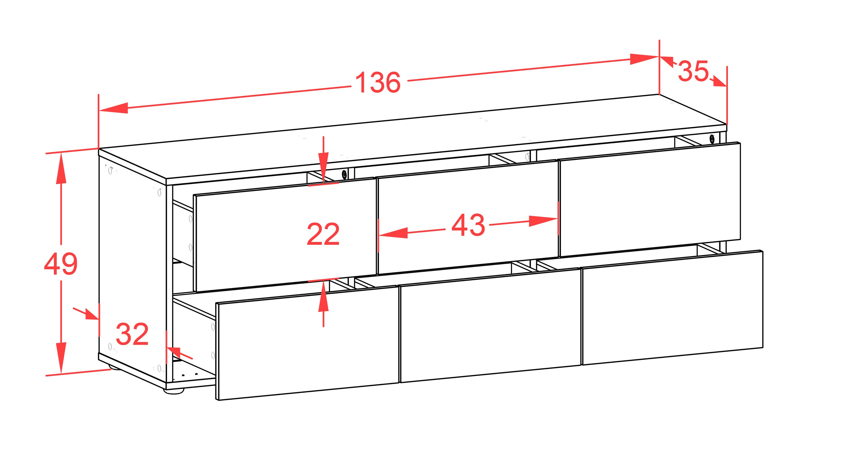 Lowboard - Alva - Design Farbakzent - Freistehend mit Push to Open 136 cm Weiss