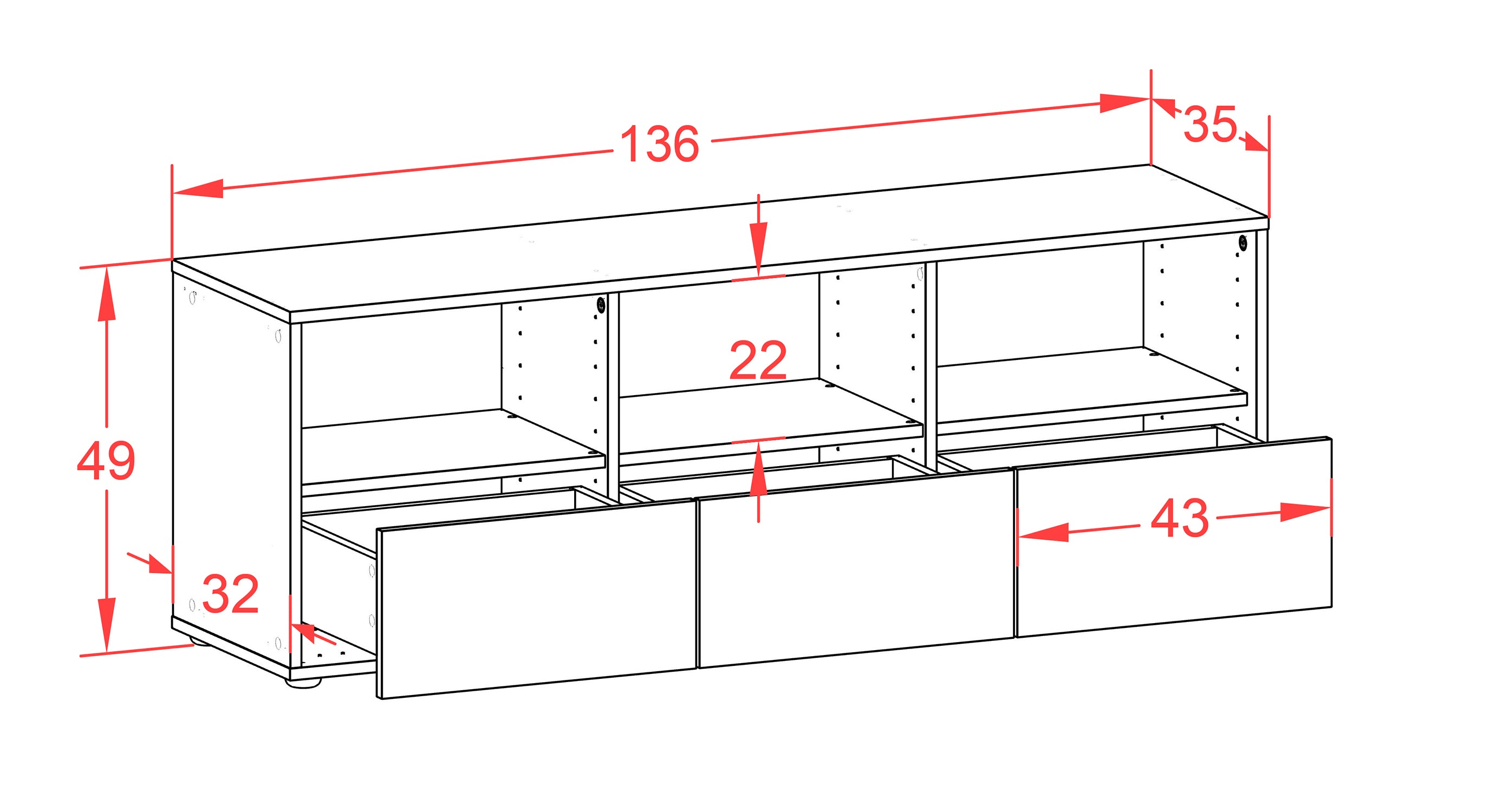 Lowboard - Amalia - Design Farbakzent - Freistehend mit Push to Open 136 cm Anthrazit